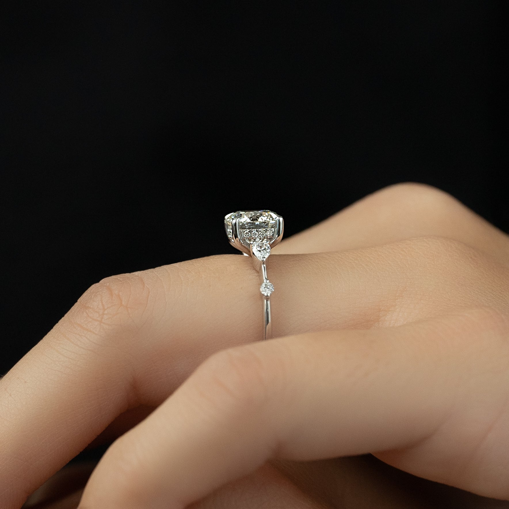 Round cut CVD diamond engagement ring with hidden halo in platinum setting