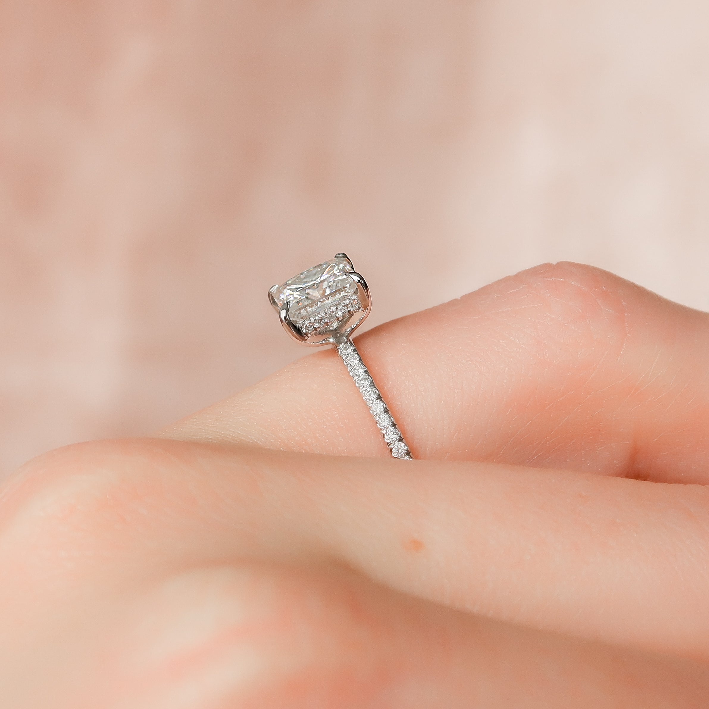 Princess cut CVD diamond engagement ring with hidden halo and pave diamond band in white gold