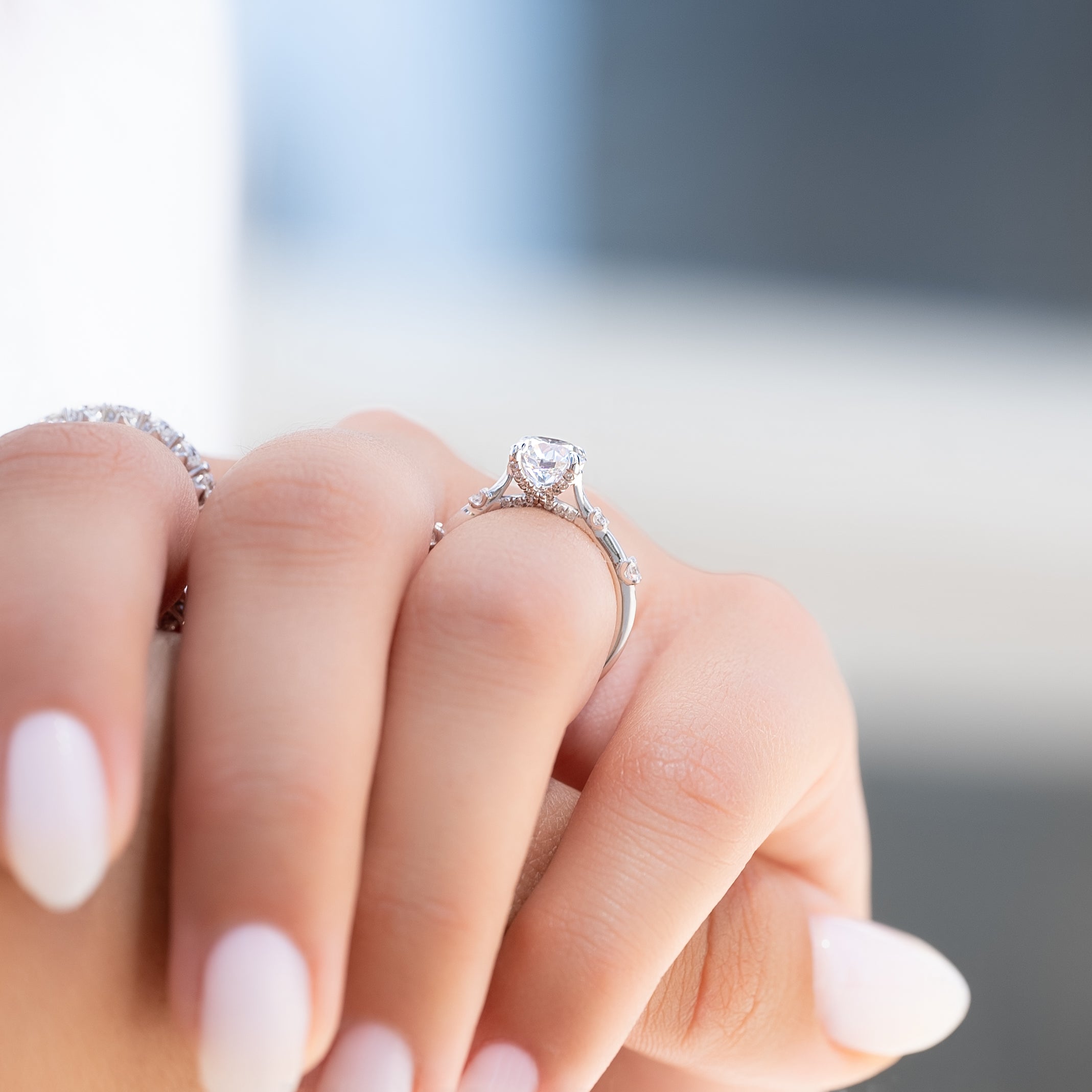 Round cut CVD diamond dainty engagement ring in white gold setting