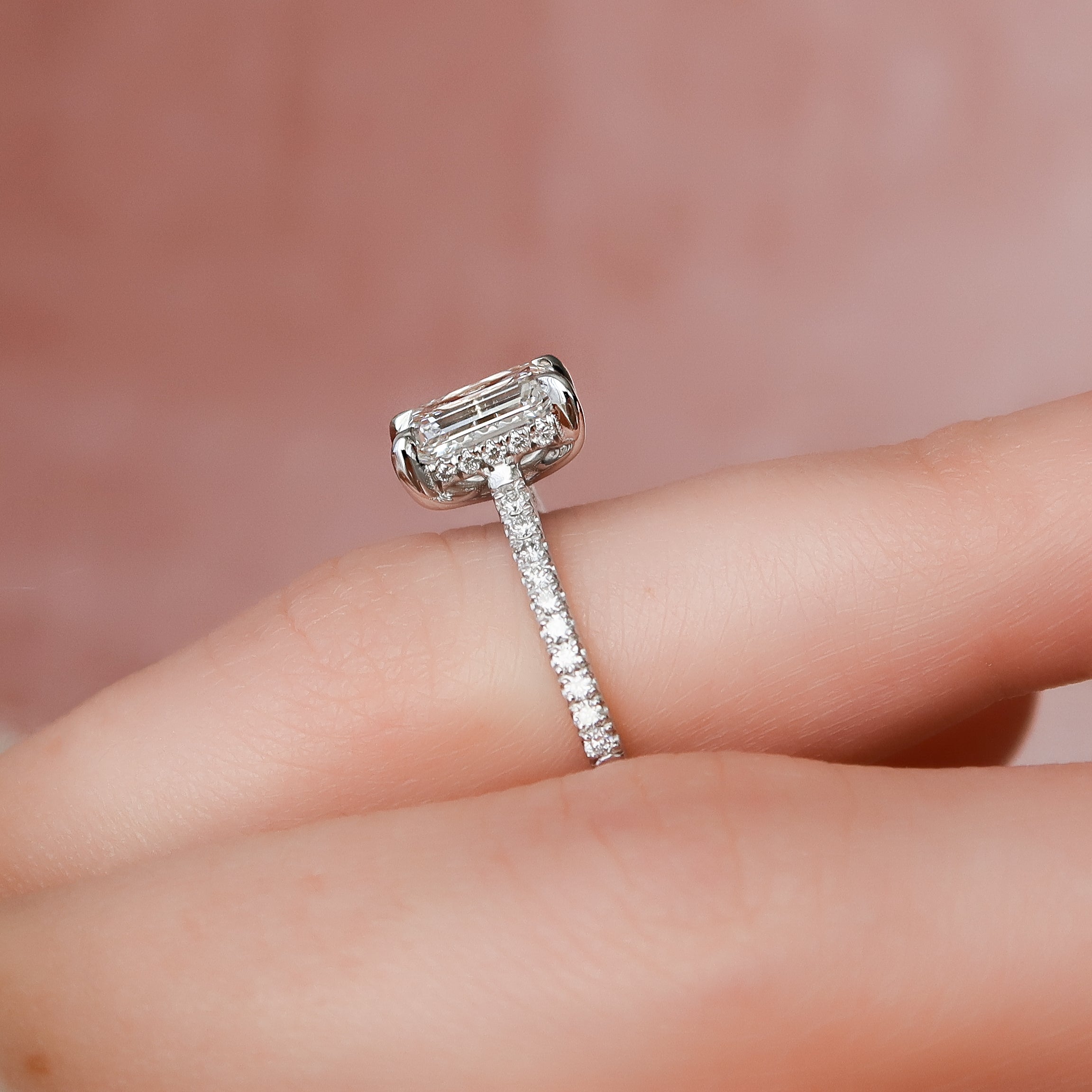 1.50 - 3.50 CT Emerald Cut CVD Diamond Hidden Halo & Pave Engagement Ring