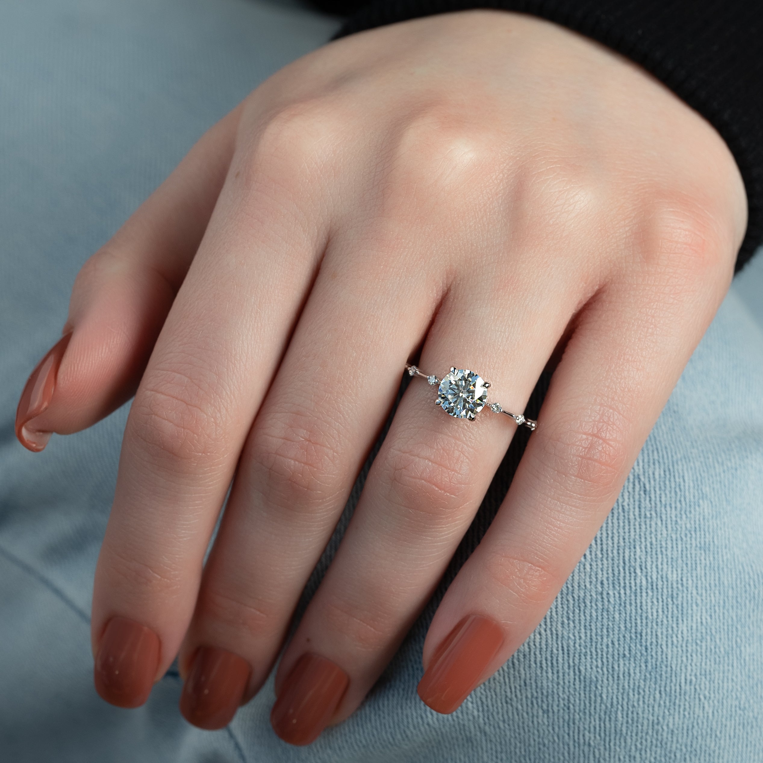 Round cut CVD diamond engagement ring with hidden halo and pave band in white gold