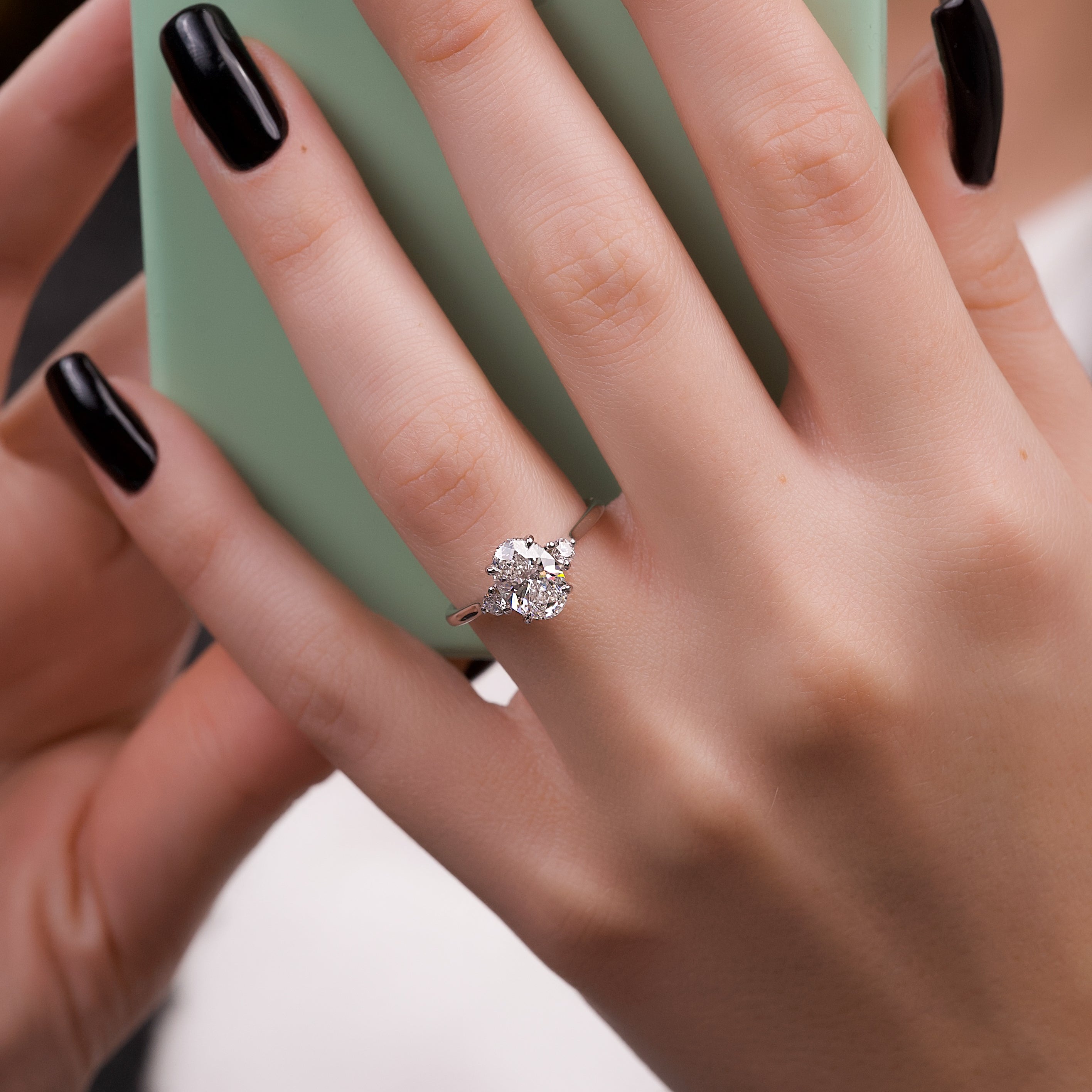 2.0- 4.0 CT Oval Cut Lab Grown Diamond Three Stone Style Engagement Ring
