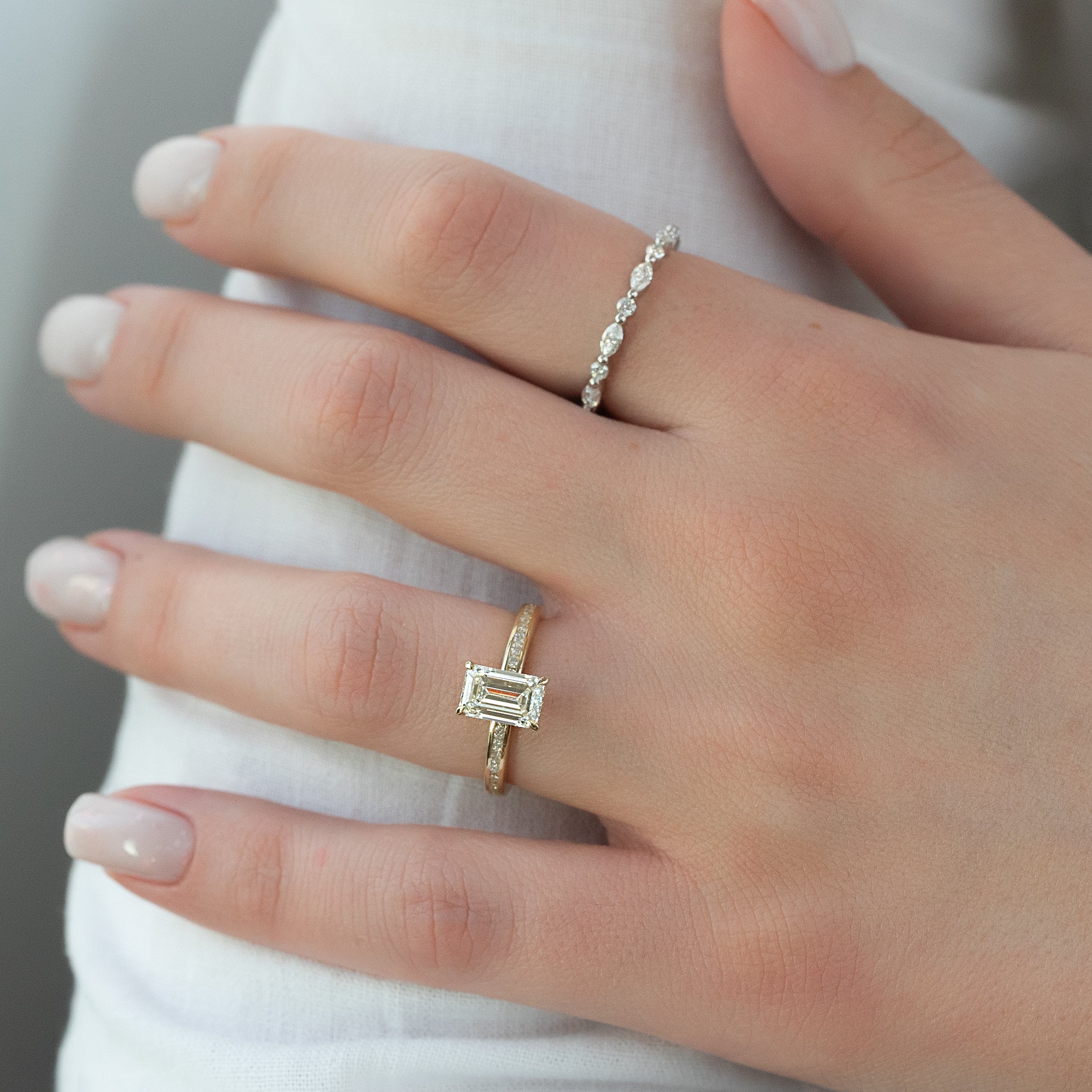 1.0 - 3.0 CT Emerald Cut Lab Grown Diamond Hidden Halo & Pave Engagement Ring