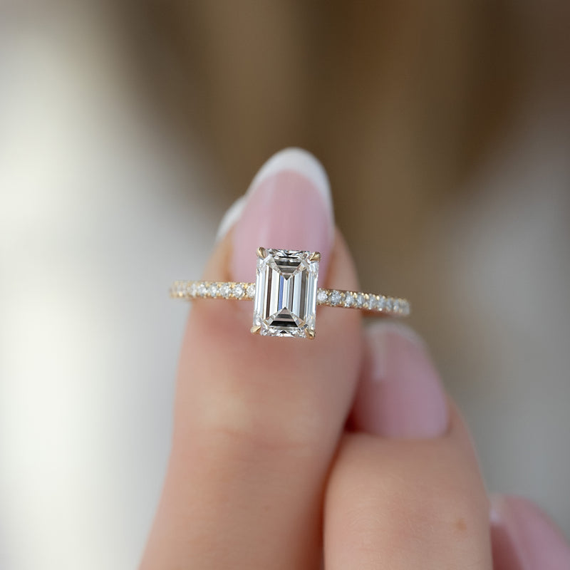 Emerald cut CVD diamond pave setting engagement ring in white gold