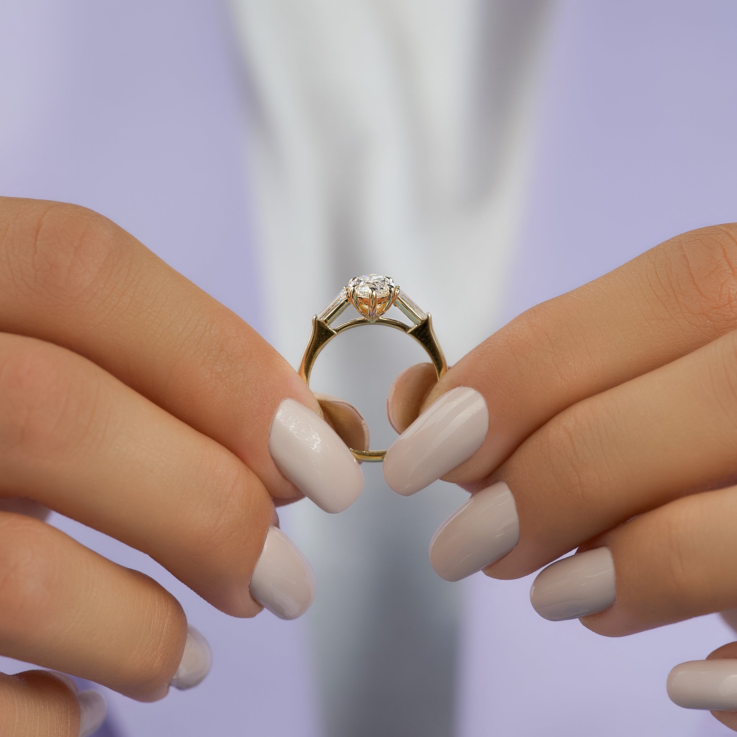 Marquise cut CVD diamond three stone engagement ring in white gold setting