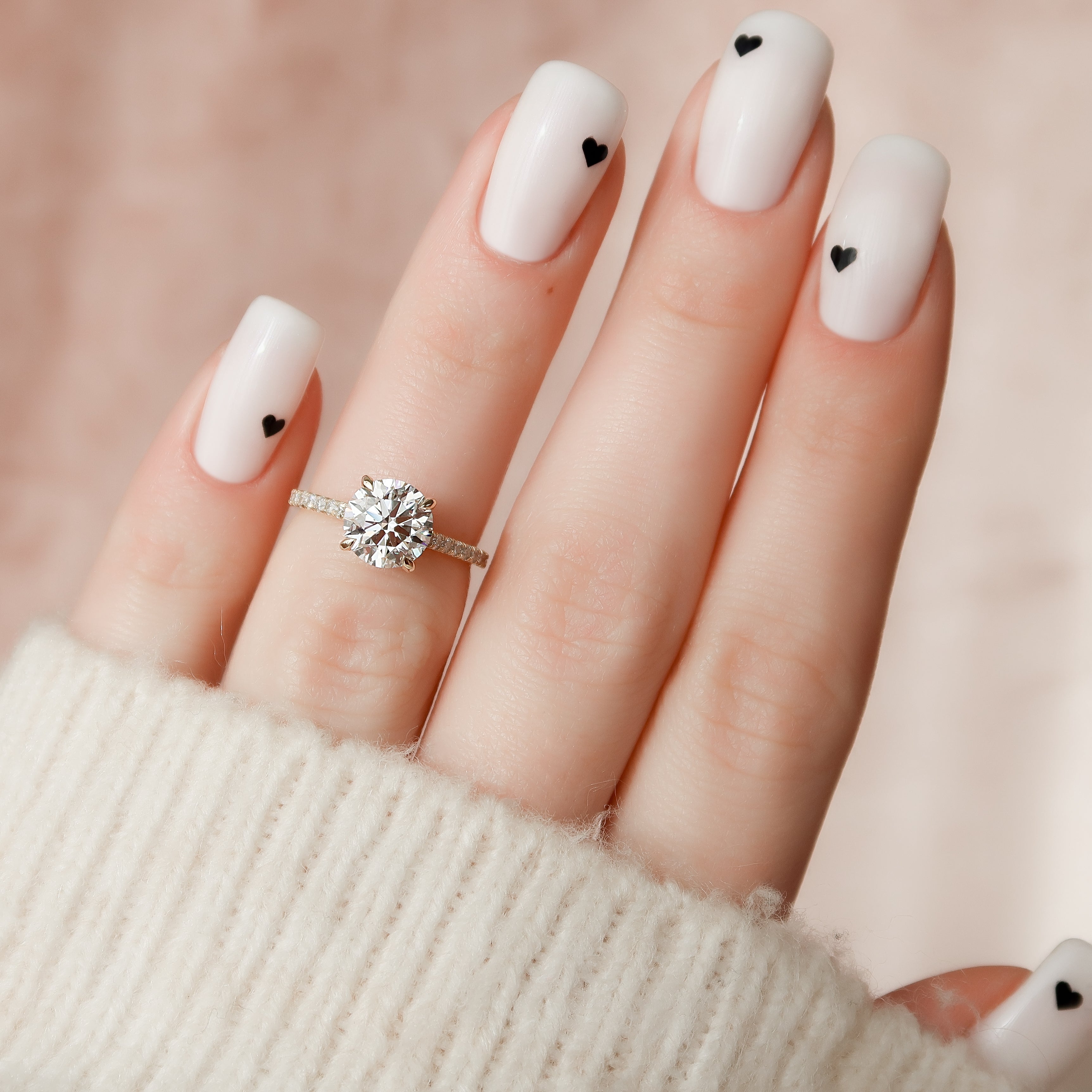 Round cut CVD diamond hidden halo engagement ring with pave diamond band in platinum setting