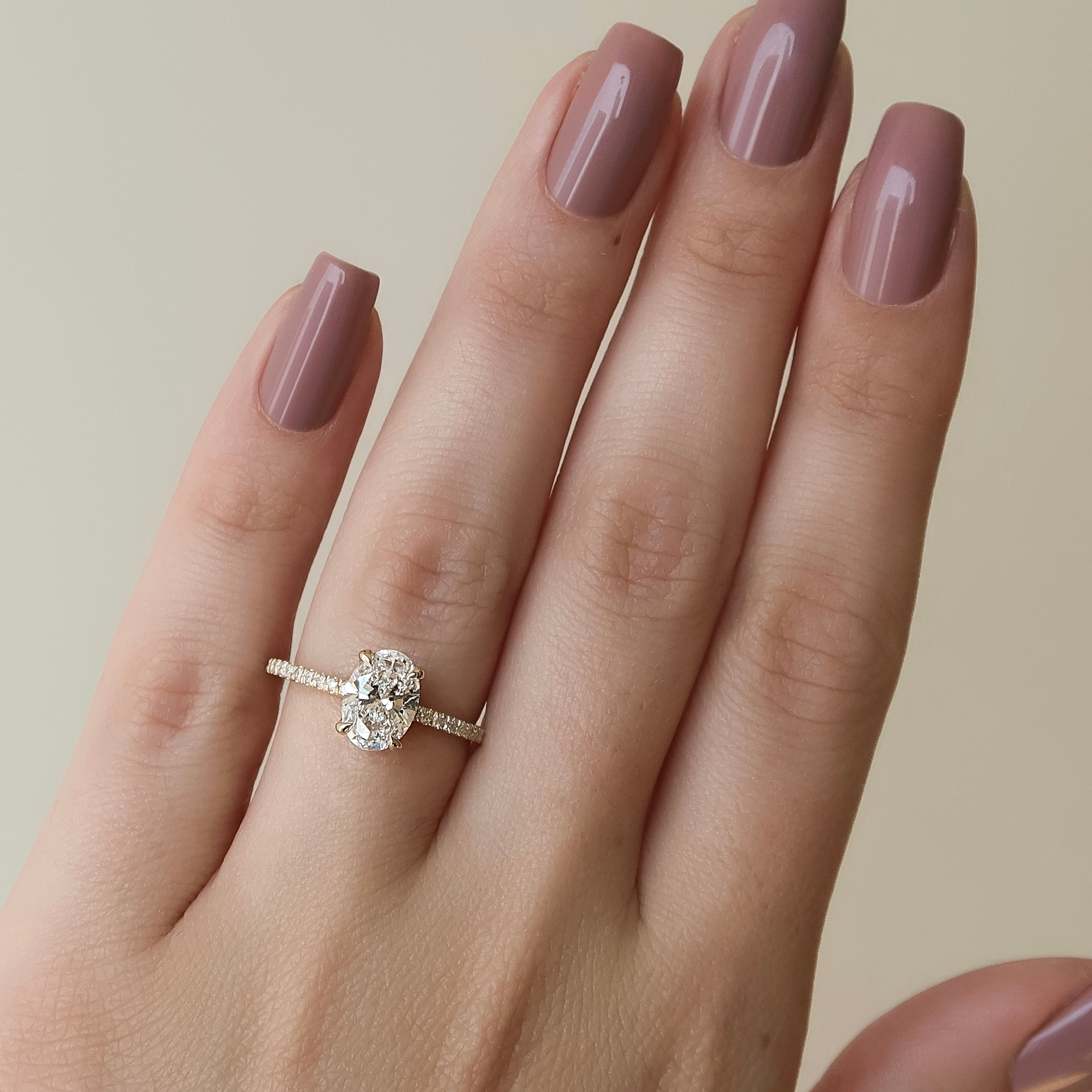 Oval cut CVD diamond pave engagement ring with slim diamond band in white gold