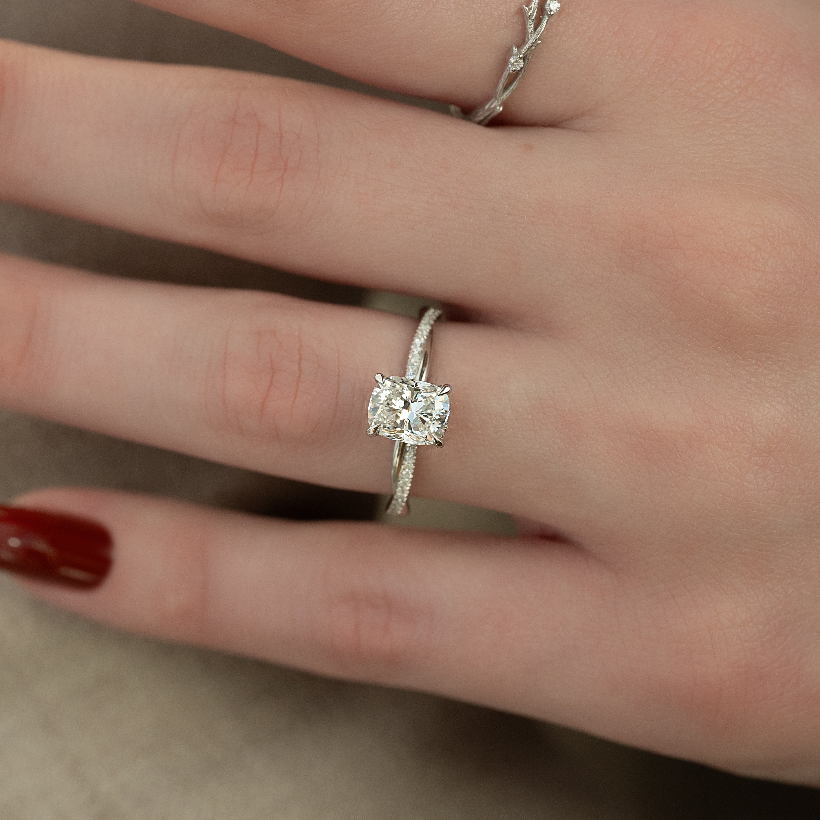 2.0 - 4.0 CT Elongated Cushion Cut Lab Grown Diamond Twig Pave Style Engagement Ring