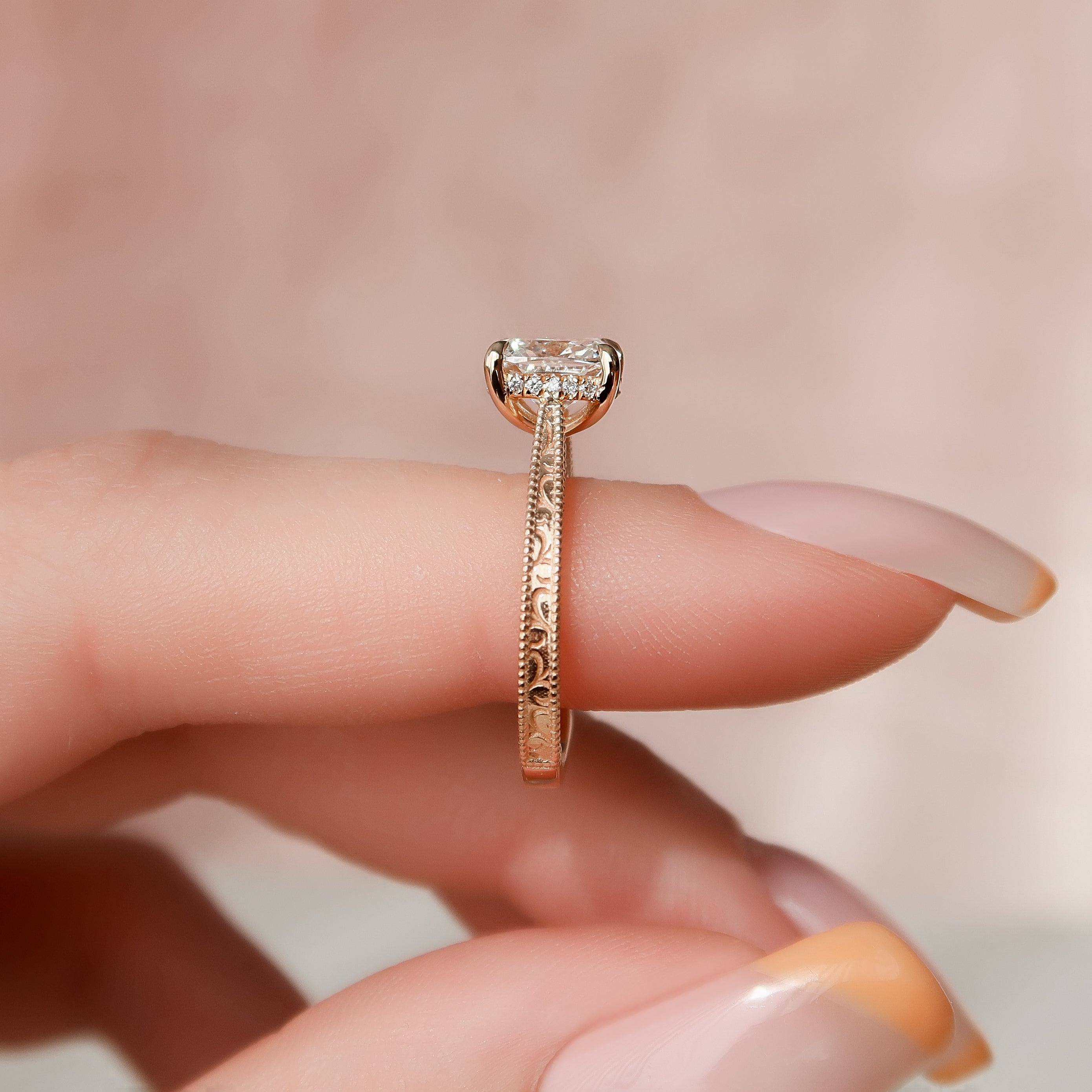 Elongated cushion cut CVD diamond vintage pave engagement ring in white gold