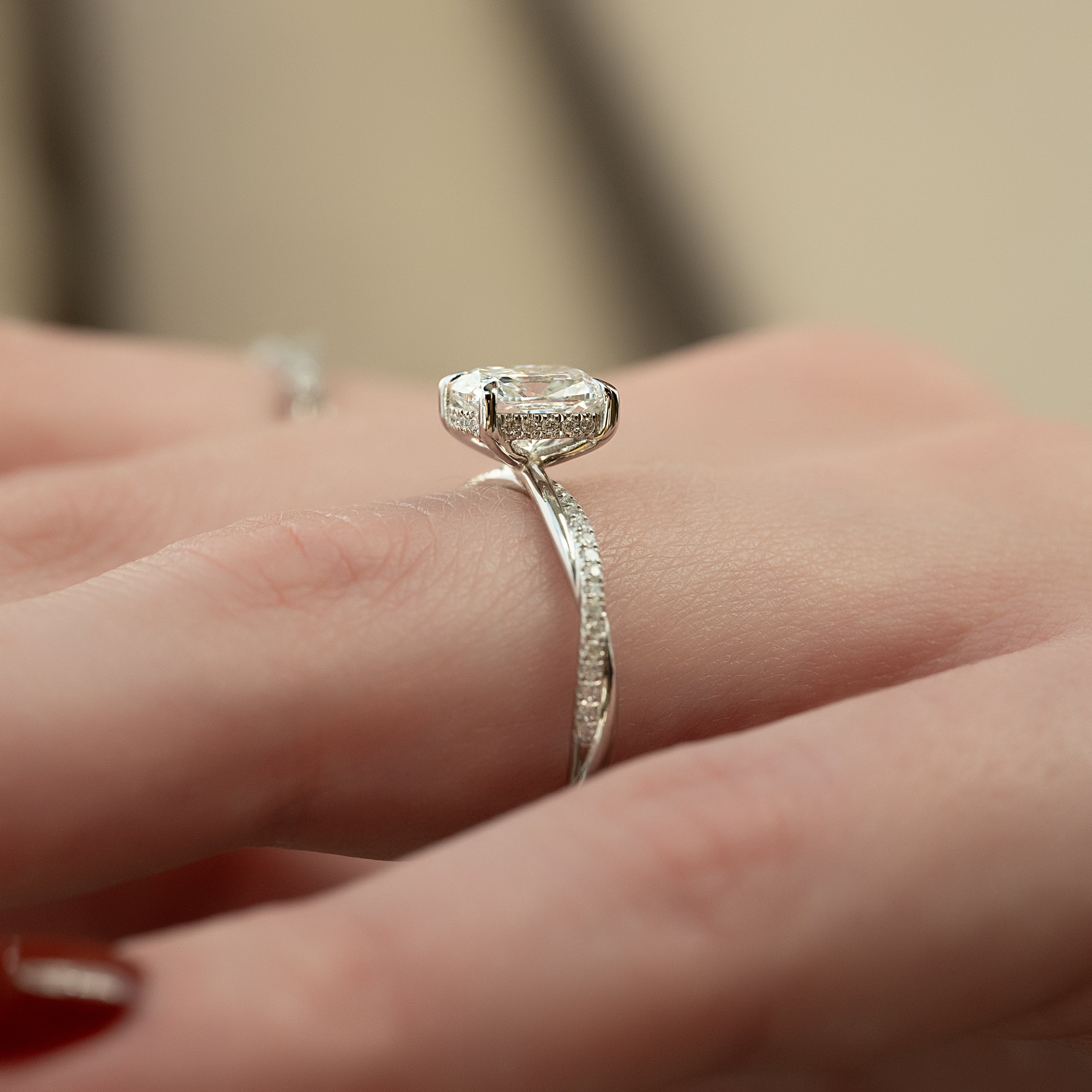 2.0 - 4.0 CT Elongated Cushion Cut Lab Grown Diamond Twig Pave Style Engagement Ring