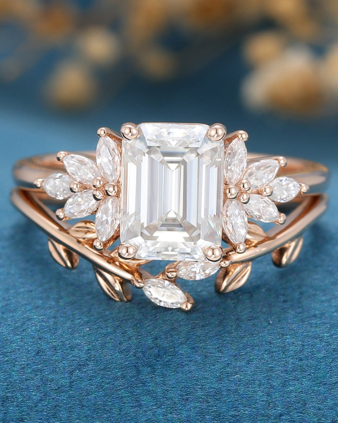 1.60 CT Emerald Shaped Moissanite Cluster Bridal Set - Camila Brown