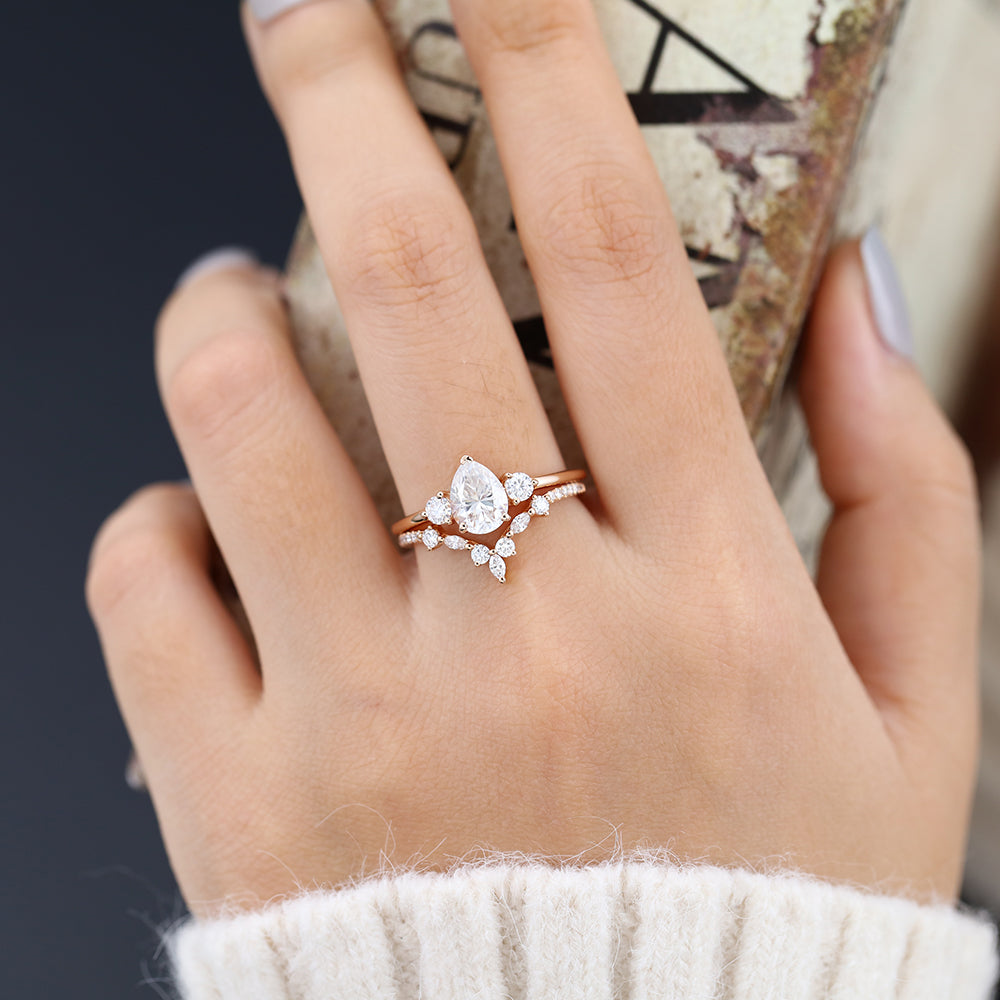 1.0 CT Pear Moissanite Three Stones Bridal Ring Set - Camila Brown