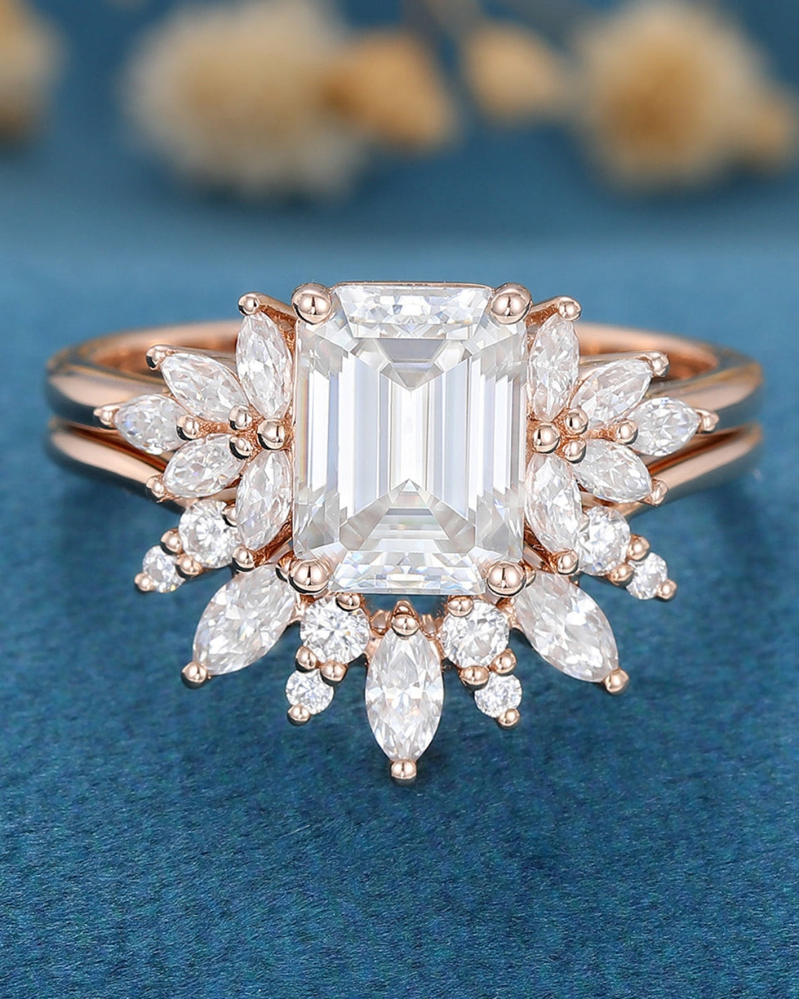 1.60 CT Emerald Shaped Moissanite Cluster Bridal Set - Camila Brown