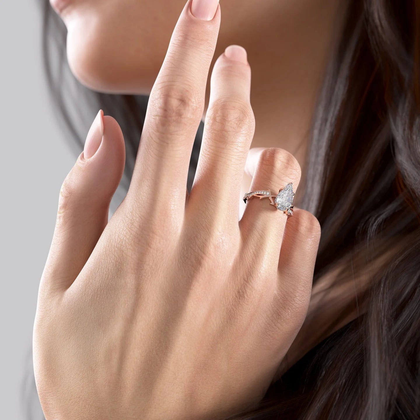 1.0 - 3.0 CT Pear Cut Lab Grown Diamond Hidden Halo & Twig Setting Engagement Ring
