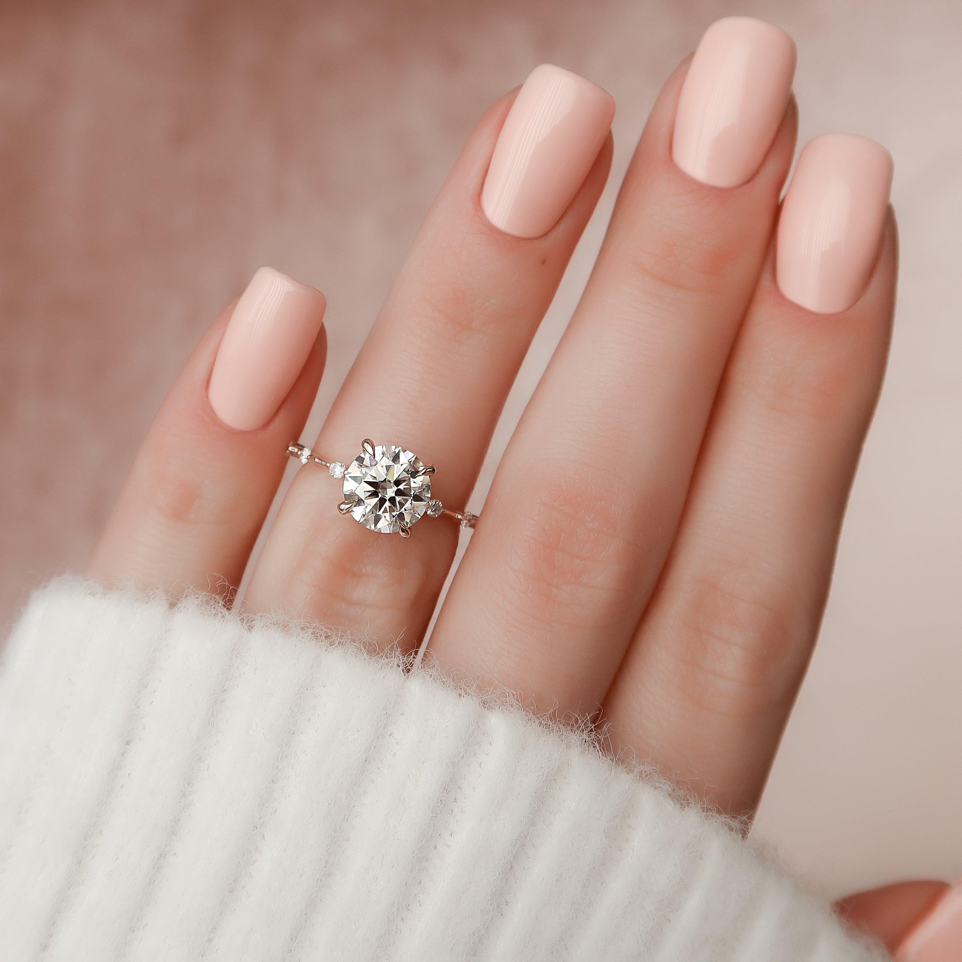 Round cut CVD diamond engagement ring with hidden halo and pave band in white gold