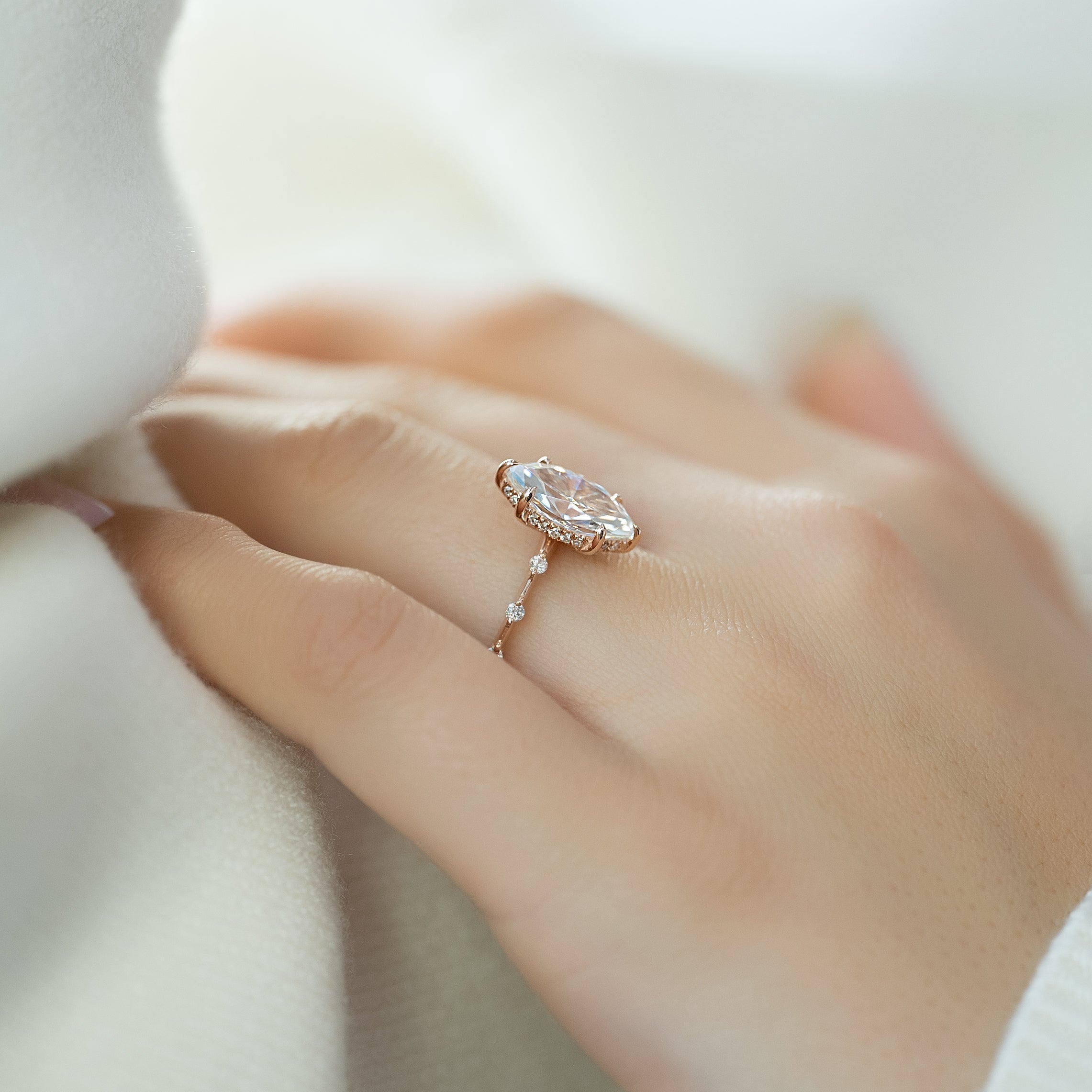 Marquise cut CVD diamond dainty engagement ring in white gold setting