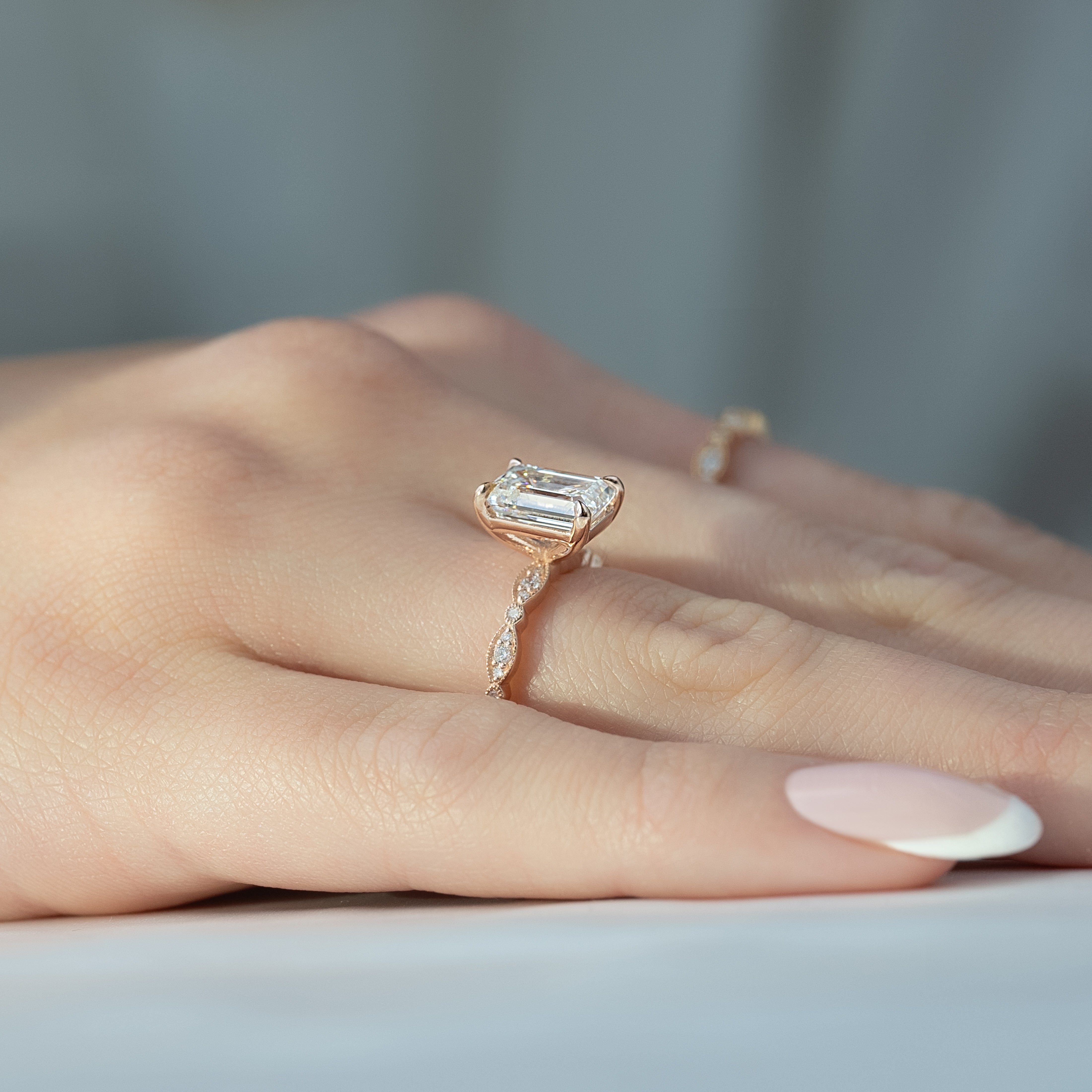 1.0 - 3.0 CT Emerald Cut Lab Grown Diamond Milgrain Setting Engagement Ring