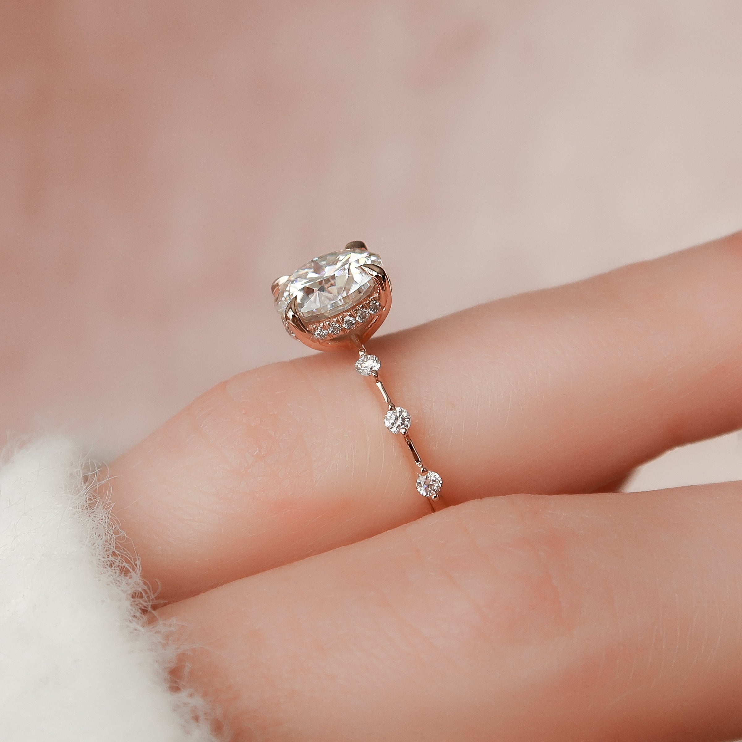 Round cut CVD diamond engagement ring with hidden halo and pave band in white gold