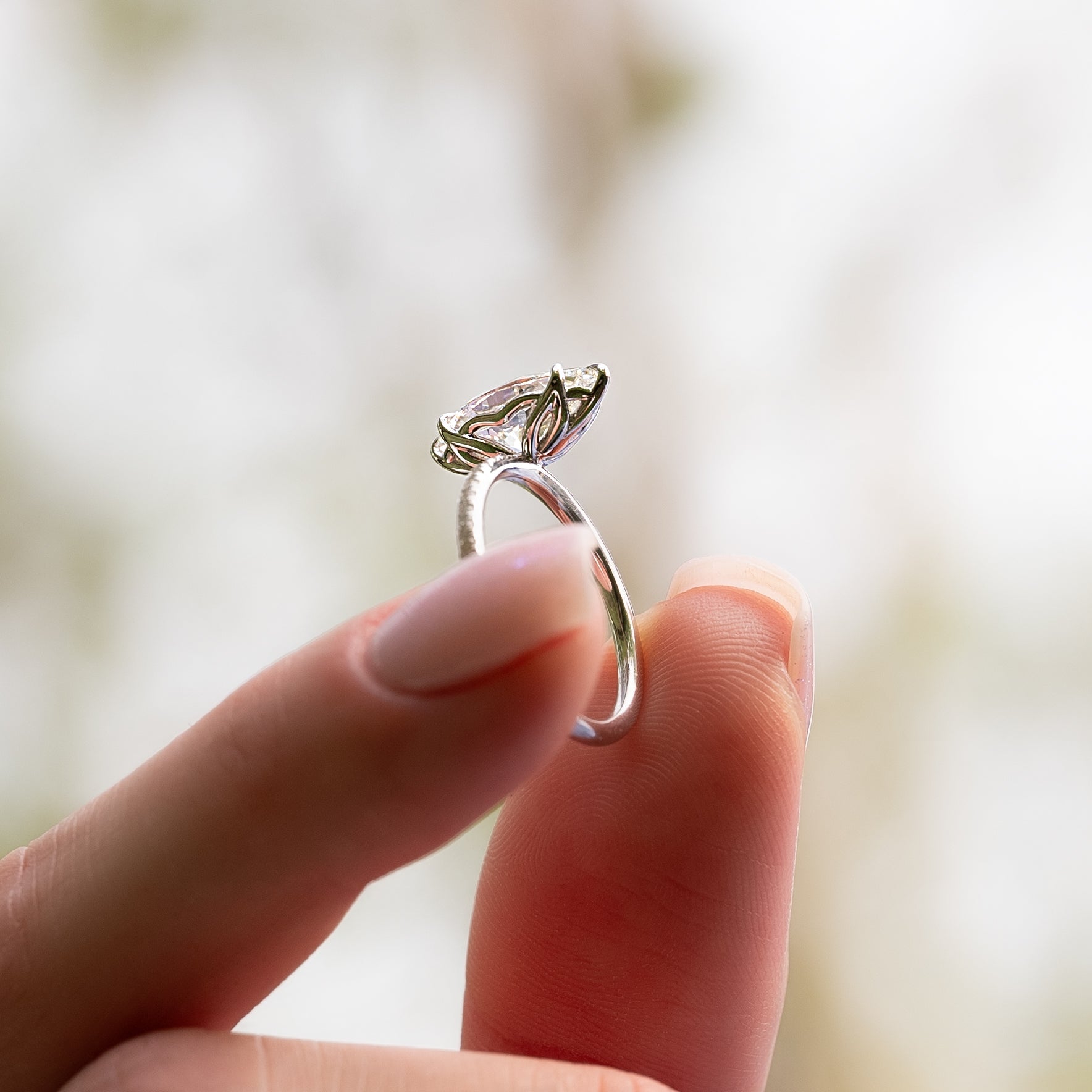 Marquise cut CVD diamond slim engagement ring with pave band in white gold