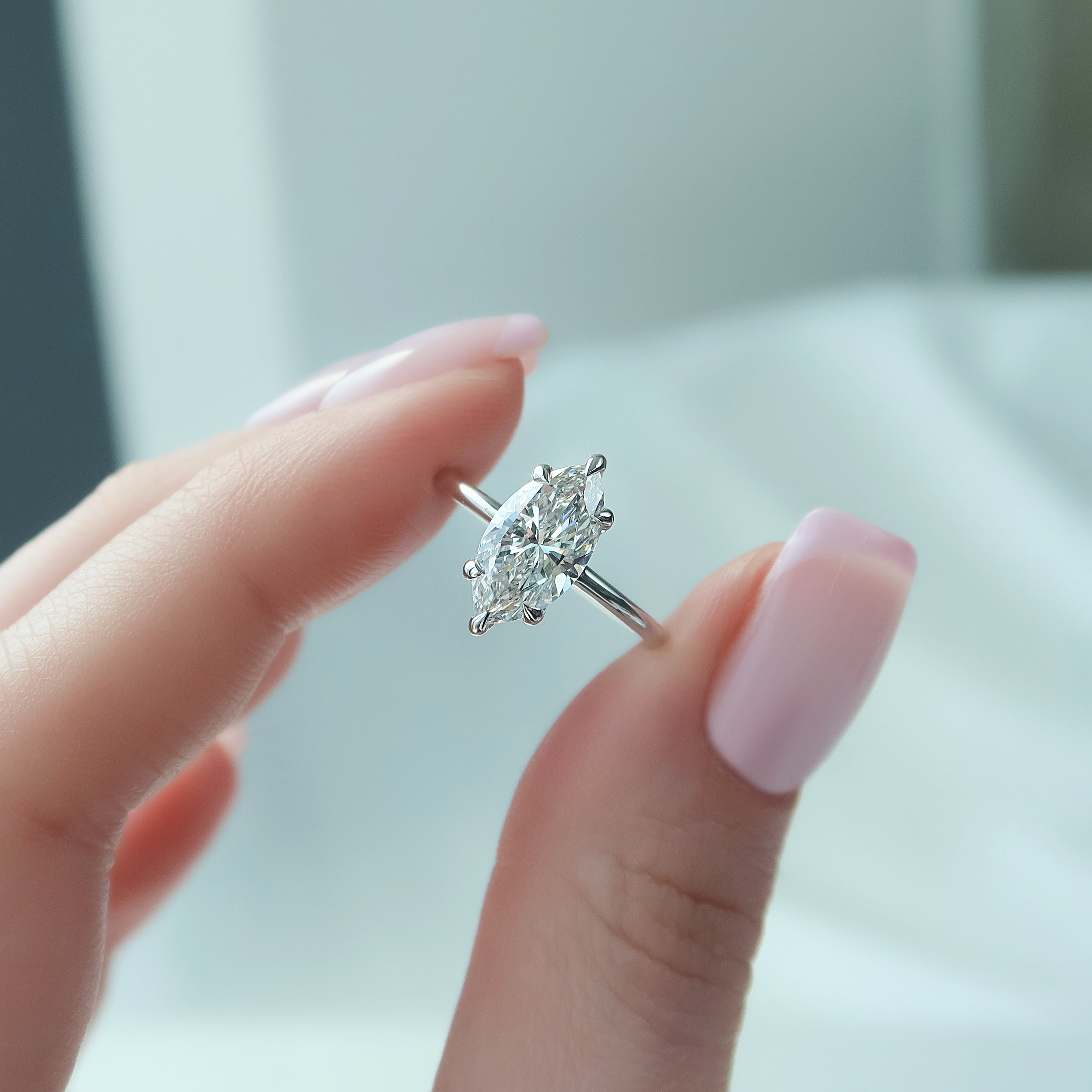 Marquise cut moissanite solitaire engagement ring in white gold setting, 2.0-4.0 CT