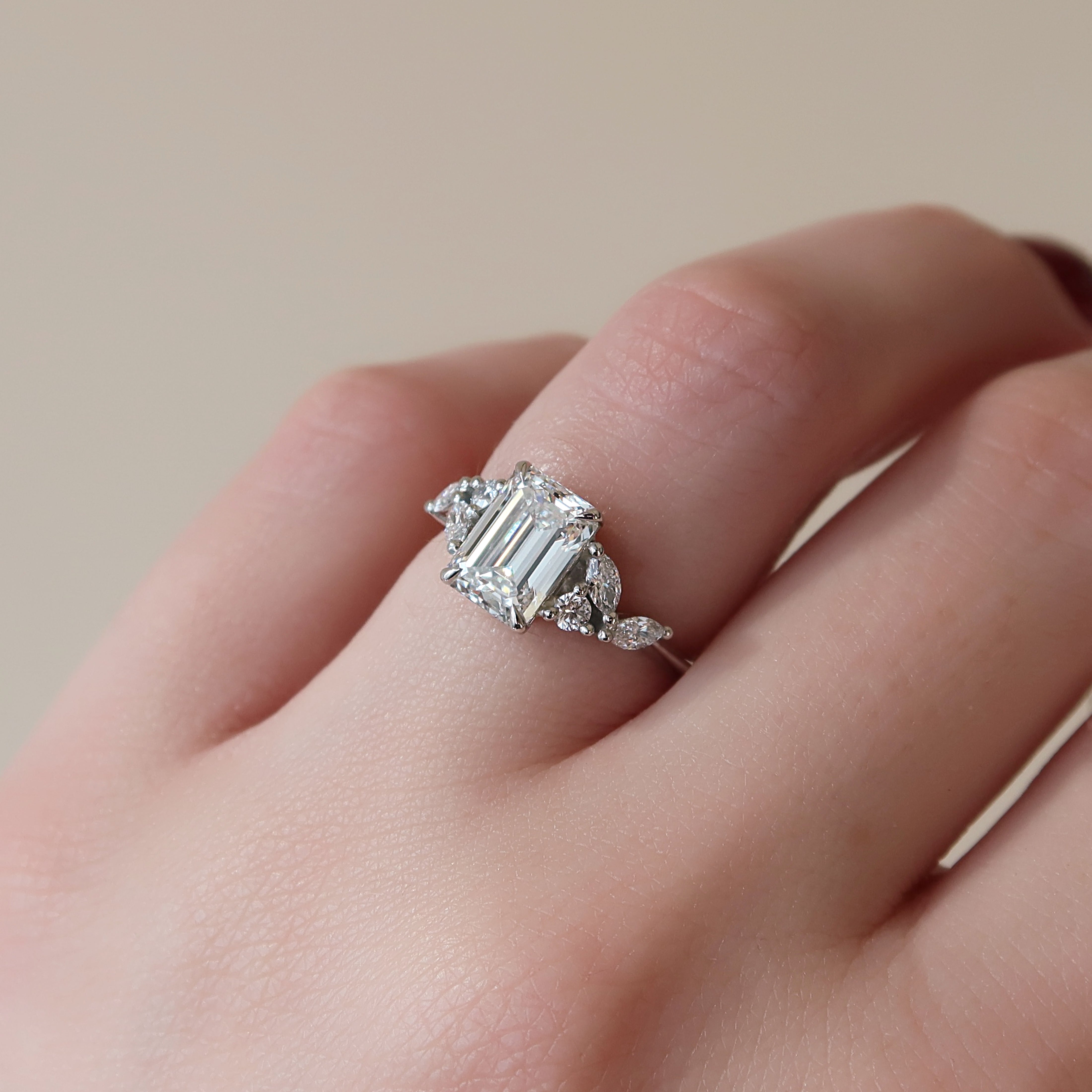 1.0 - 3.0 CT Emerald Cut Lab Grown Diamond Cluster Engagement Ring