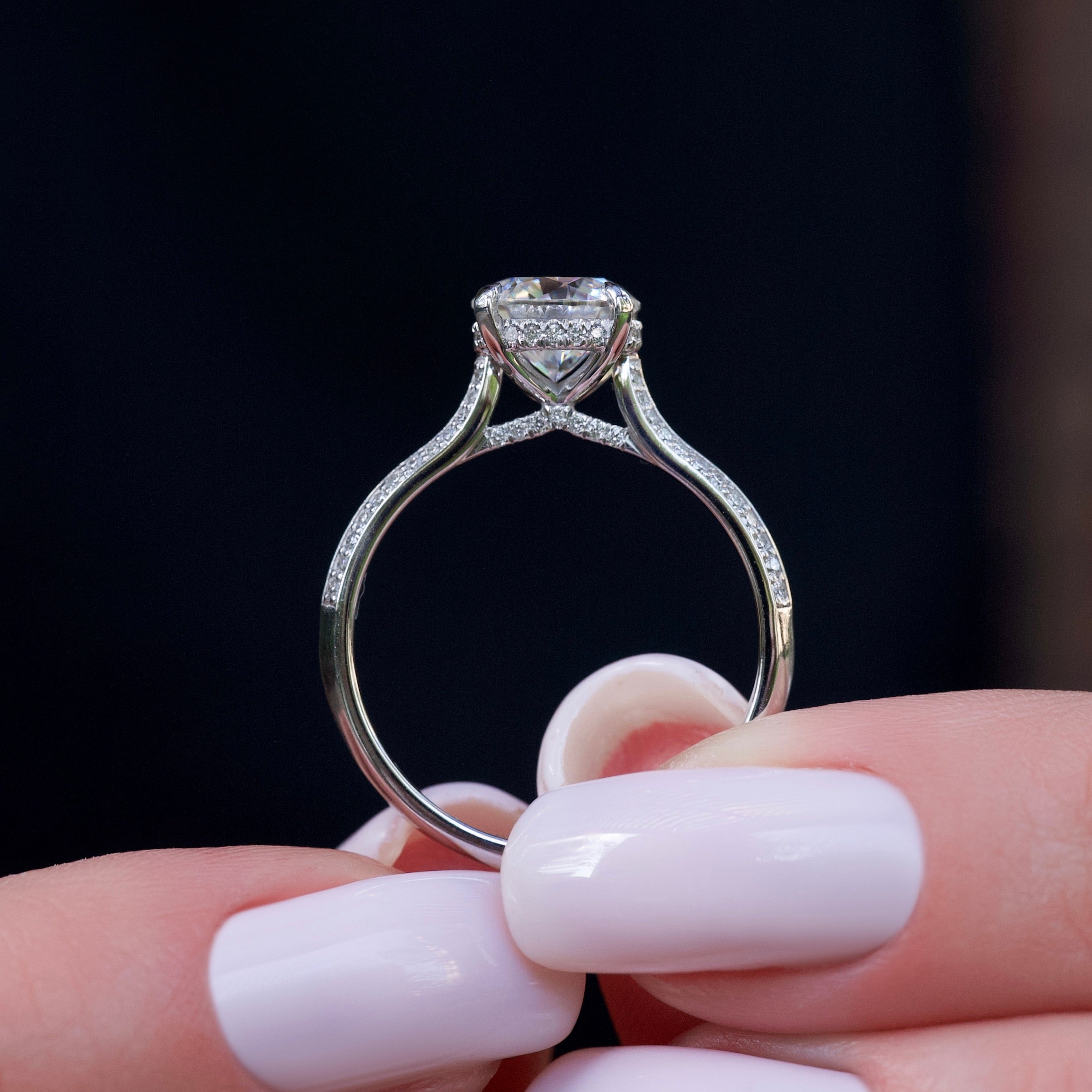 Round cut CVD diamond hidden halo and pave engagement ring in white gold