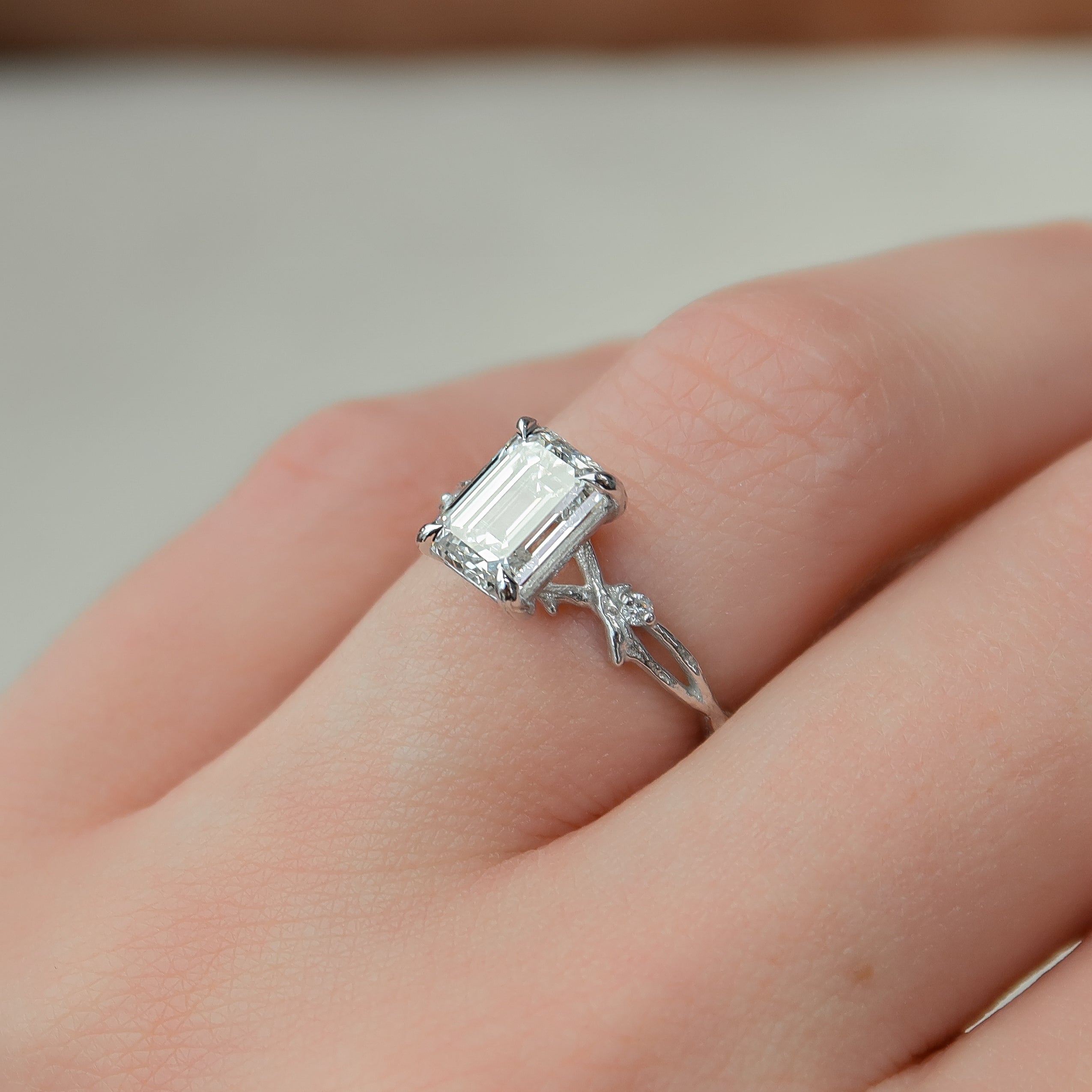 1.0 - 3.0 CT Emerald Cut Lab Grown Diamond Twig Setting Engagement Ring