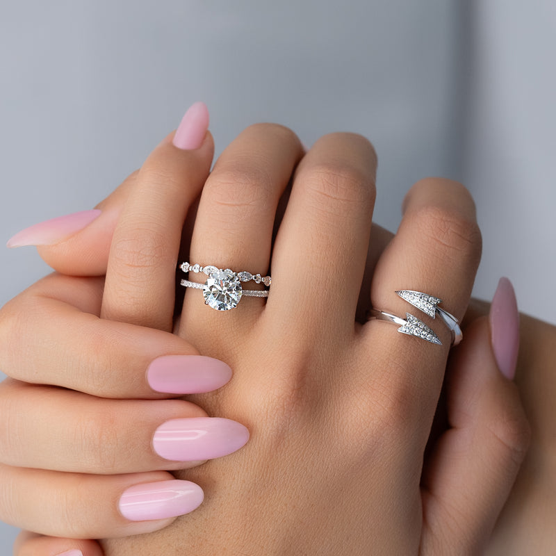 Round cut CVD diamond engagement ring with pave diamond band in white gold