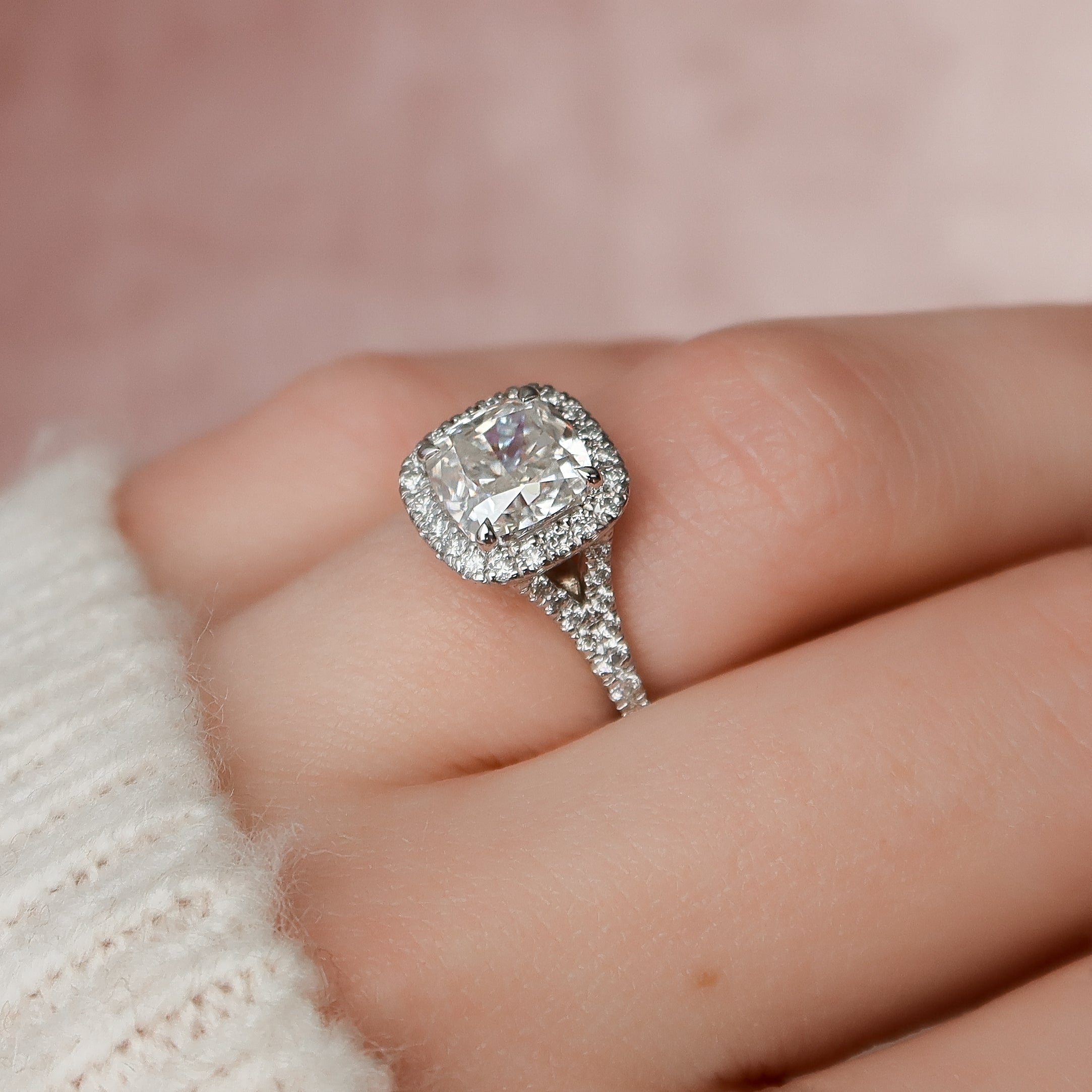 2.0 - 4.0 CT Cushion Cut Lab Grown Diamond Halo & Split Shank Engagement Ring