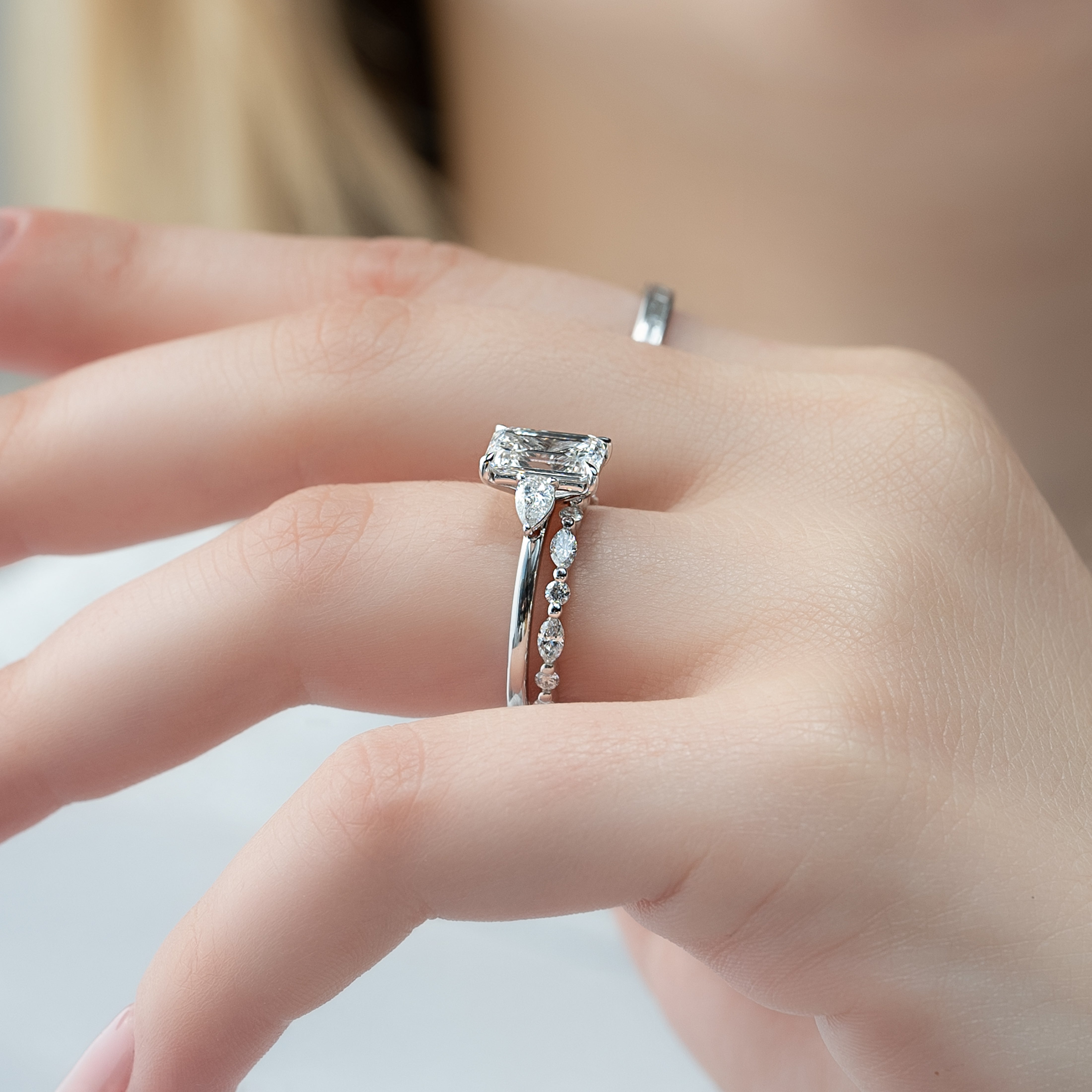 2.0- 4.0 CT Emerald Cut Lab Grown Diamond Three Stone Style Engagement Ring