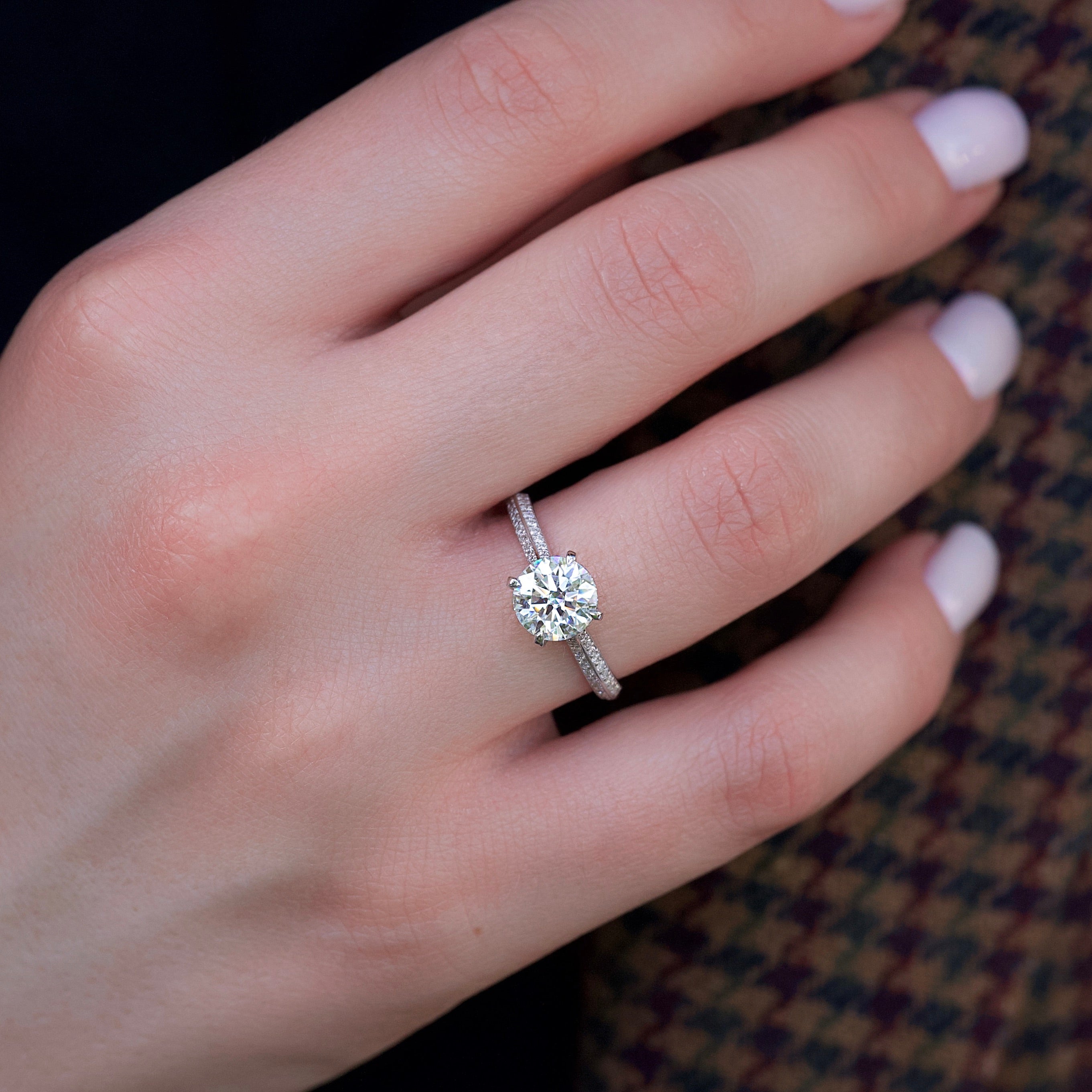 Round cut CVD diamond hidden halo and pave engagement ring in white gold