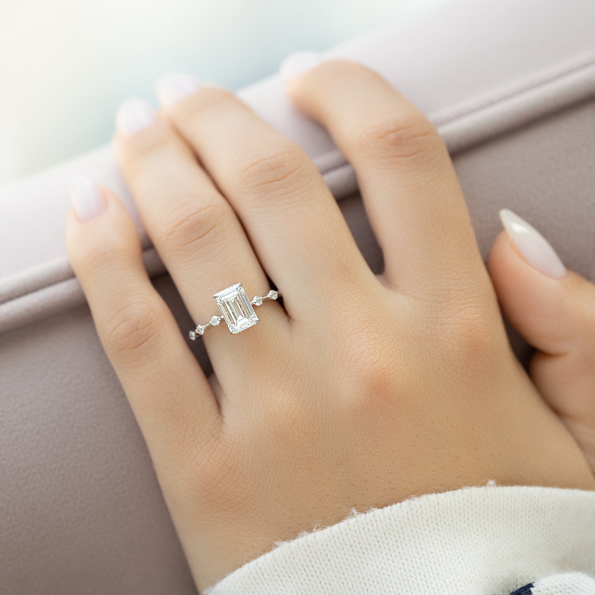 1.50 - 3.50 CT Emerald Cut Lab Grown Diamond Dainty Pave Engagement Ring