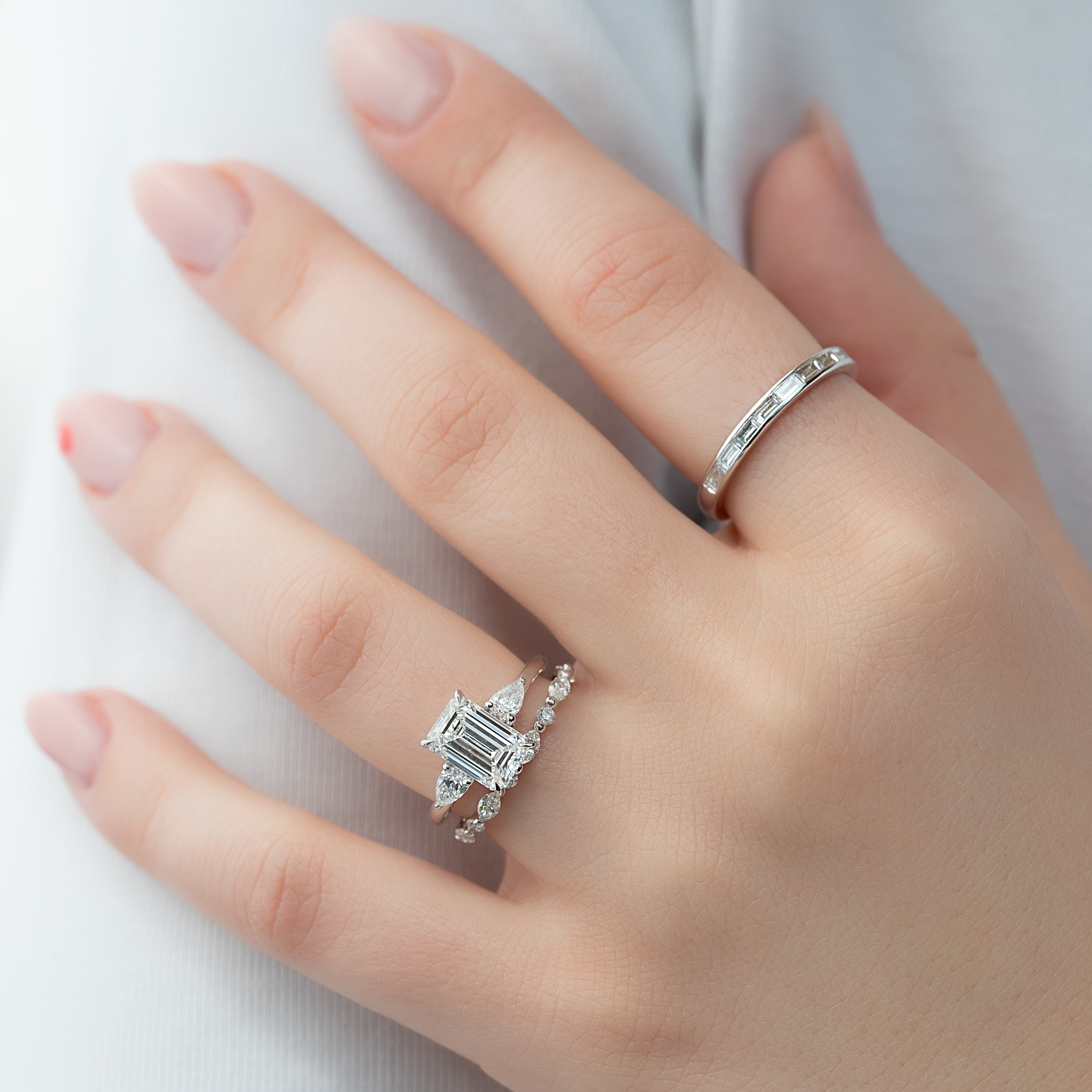 2.0- 4.0 CT Emerald Cut Lab Grown Diamond Three Stone Style Engagement Ring