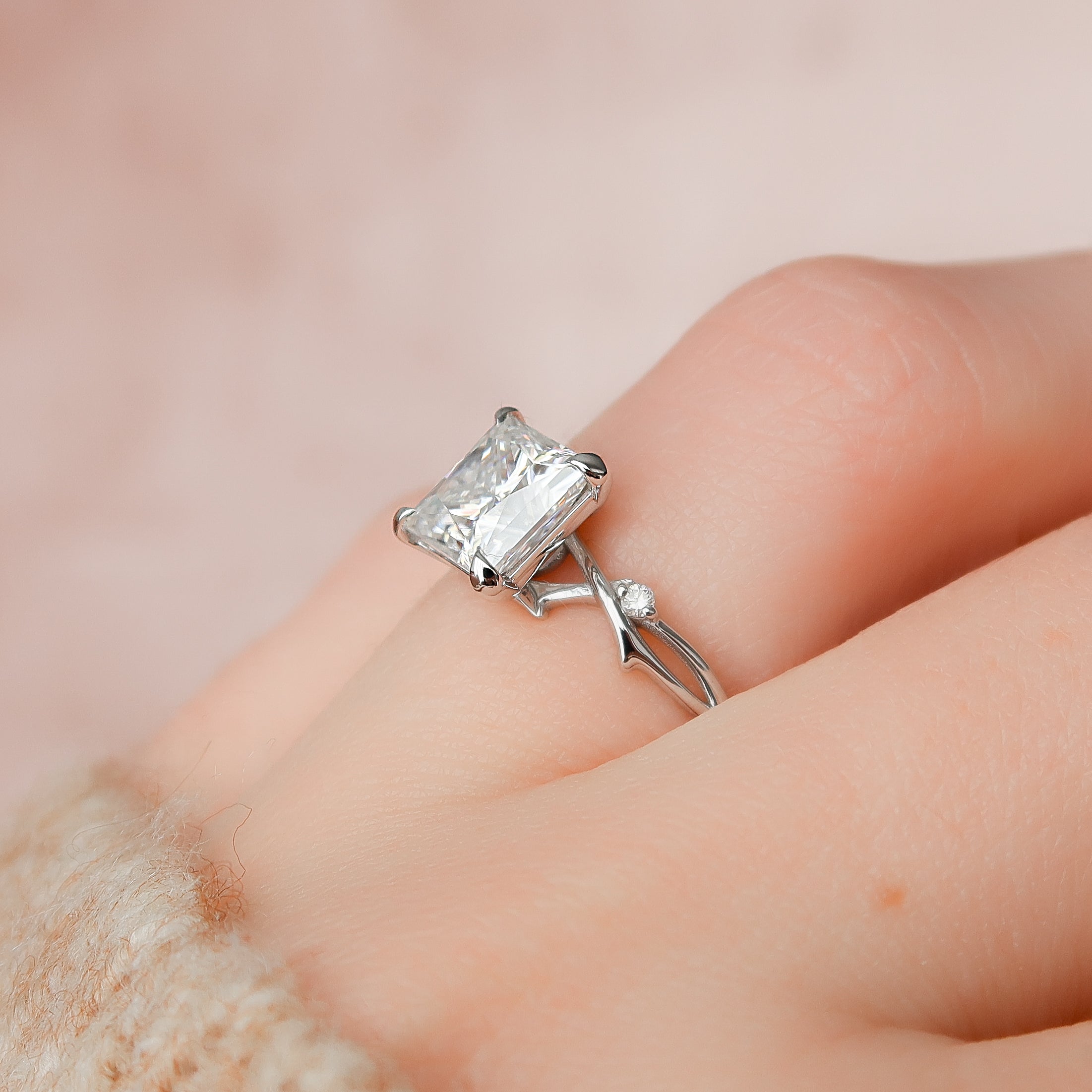 Princess cut CVD diamond engagement ring with twig style band design
