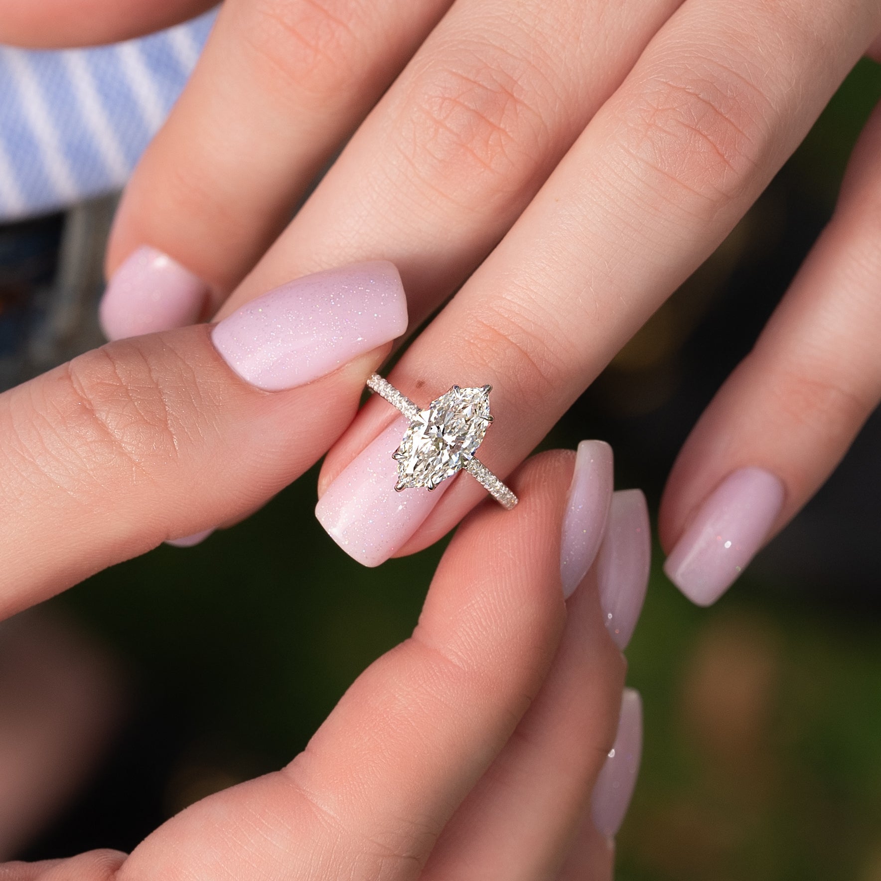 Marquise cut CVD diamond slim engagement ring with pave band in white gold