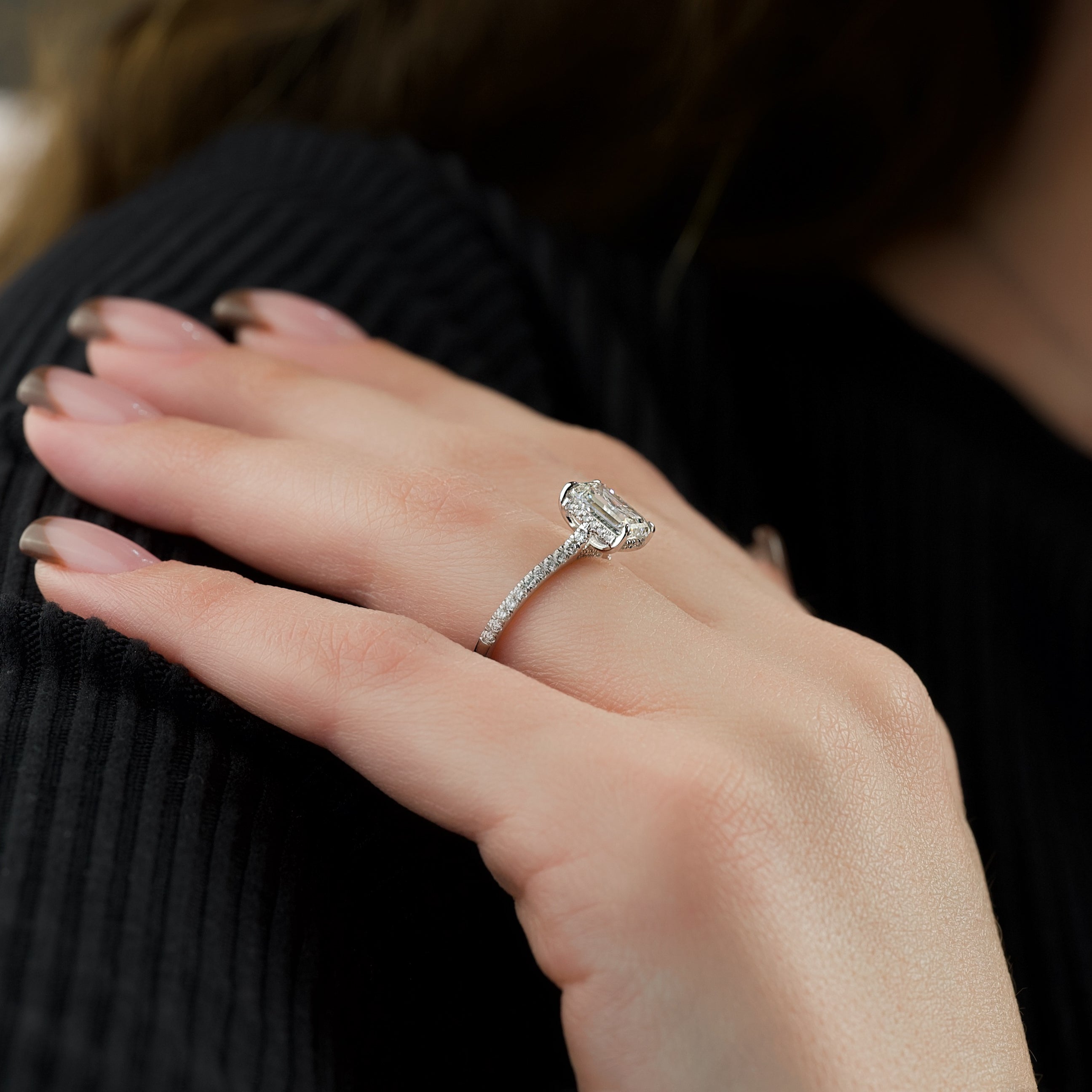 1.50 - 3.50 CT Emerald Cut CVD Diamond Hidden Halo & Pave Engagement Ring