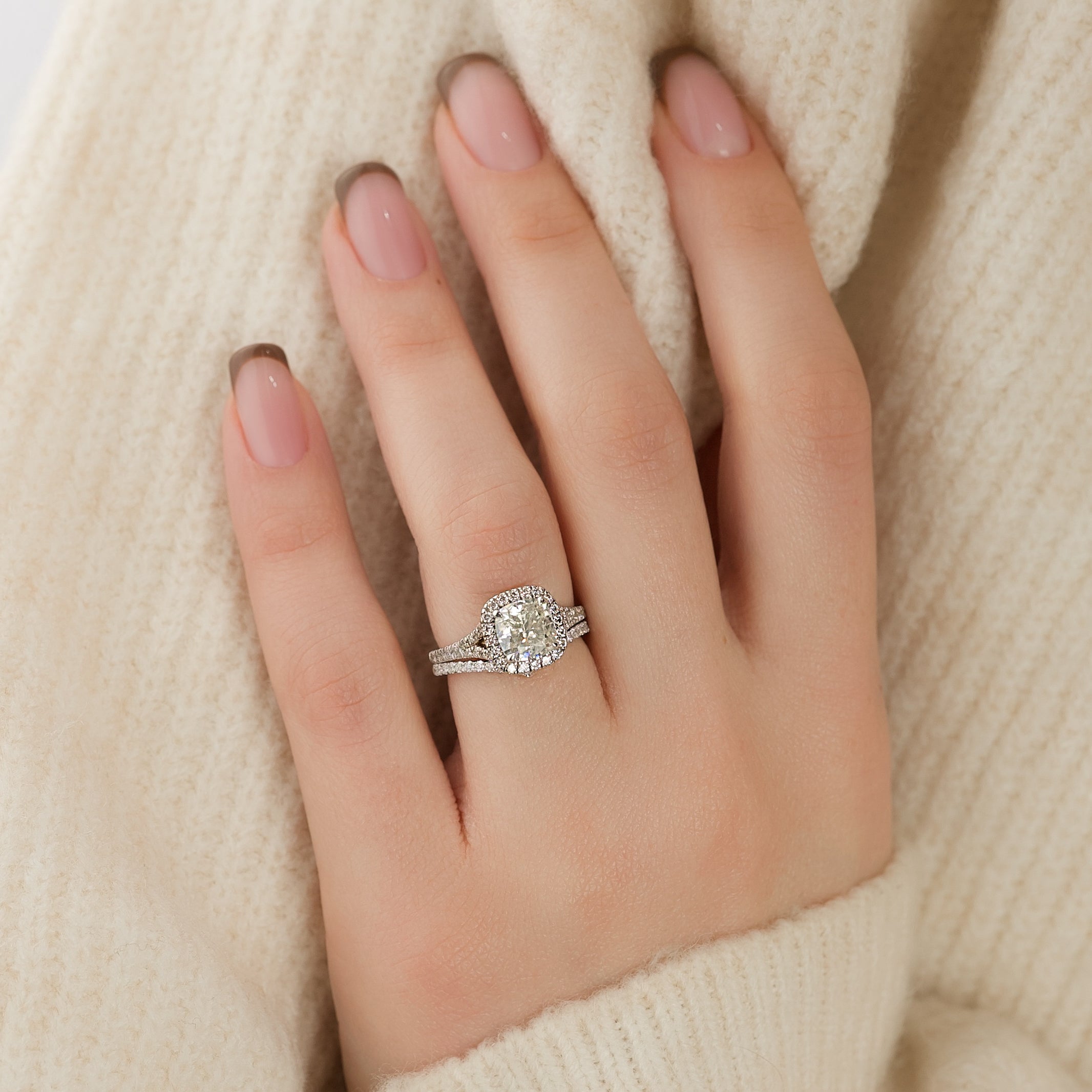 2.0 - 4.0 CT Cushion Cut Lab Grown Diamond Halo & Split Shank Engagement Ring