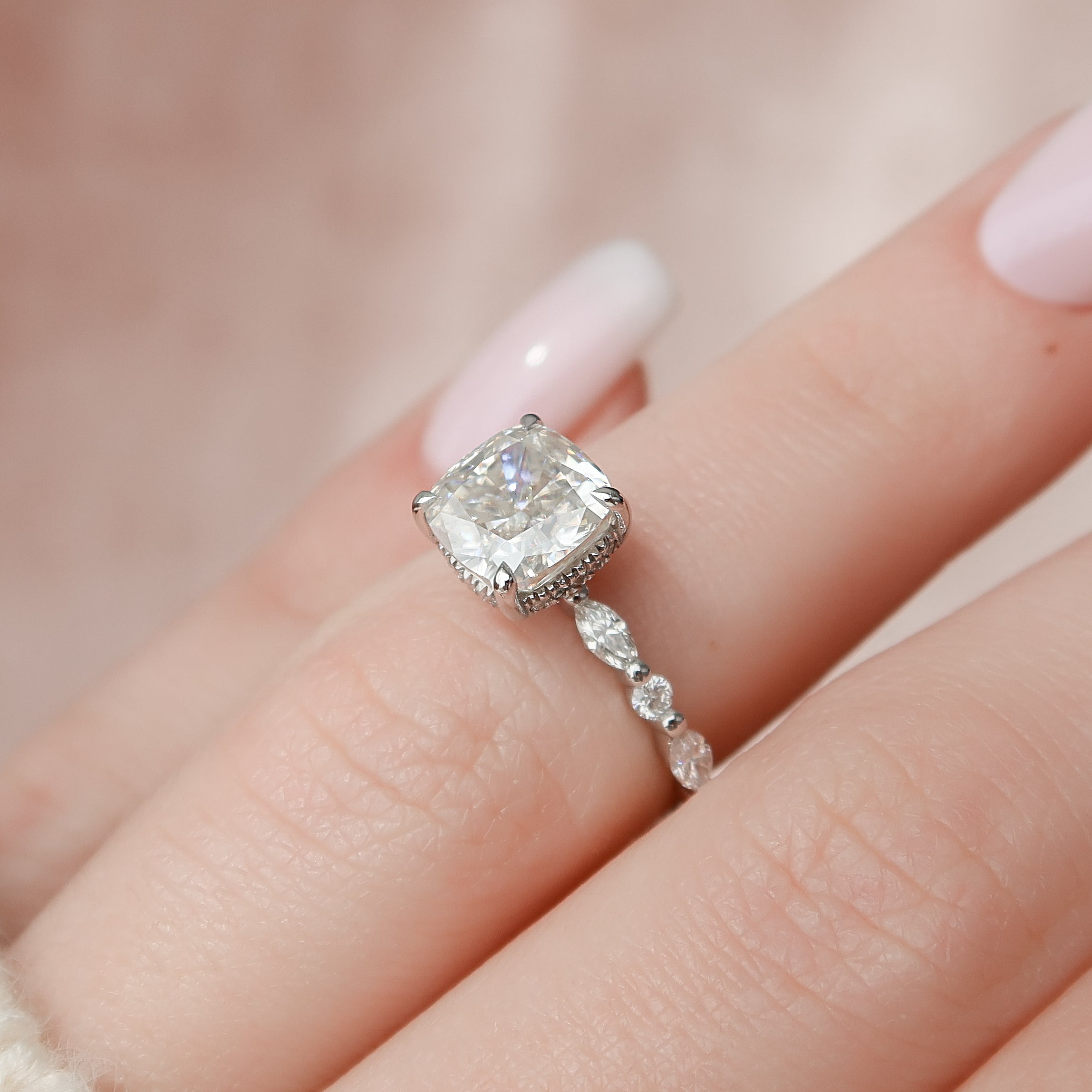 2.0 - 4.0 CT Cushion Cut Lab Grown Diamond Hidden Halo & Pave Engagement Ring