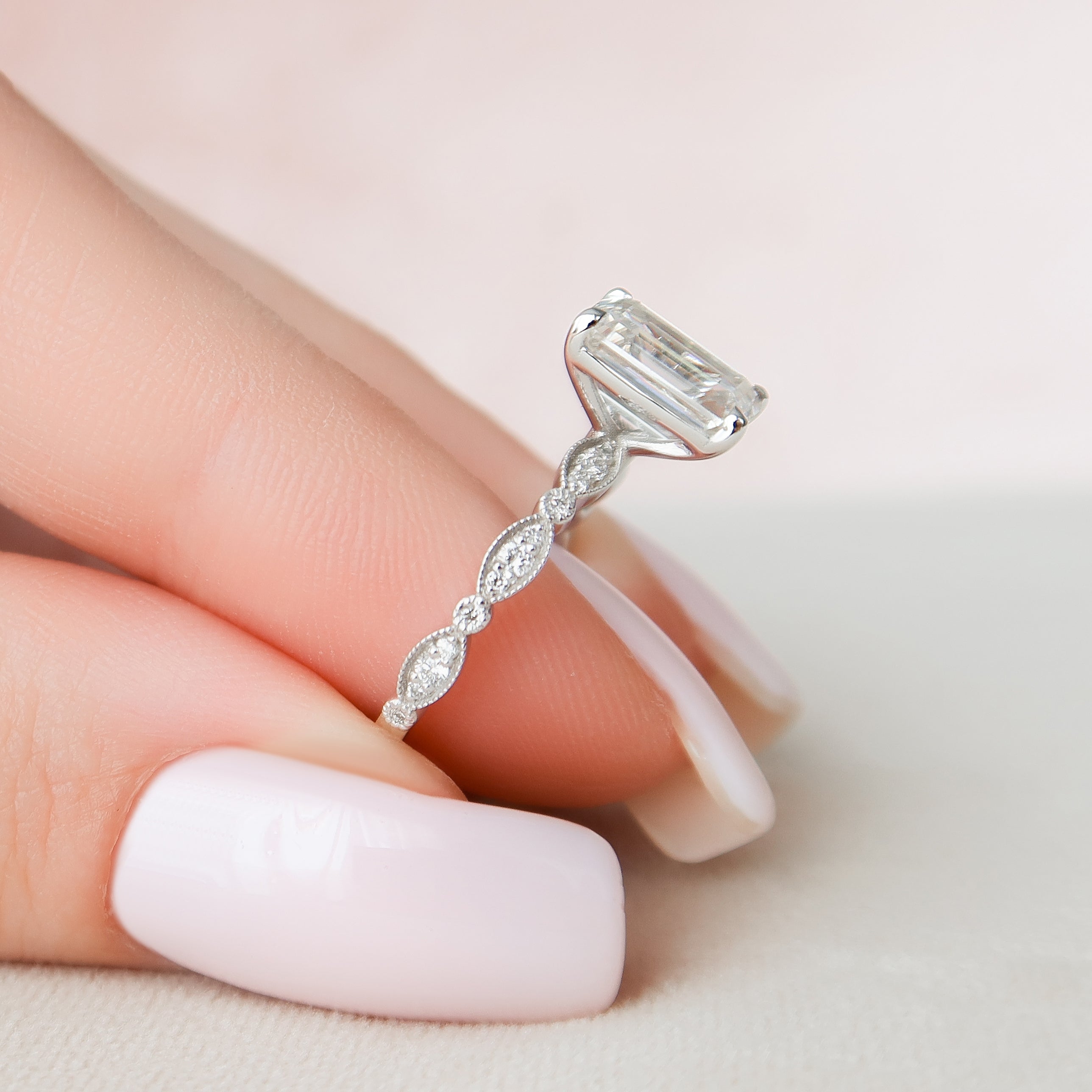 1.0 - 3.0 CT Emerald Cut Lab Grown Diamond Milgrain Setting Engagement Ring