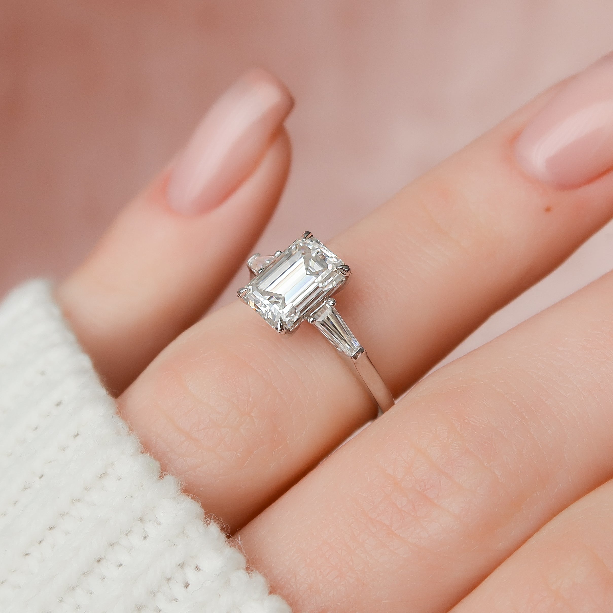 2.0 - 4.0 CT Emerald Cut Lab Grown Diamond Three Stone Engagement Ring