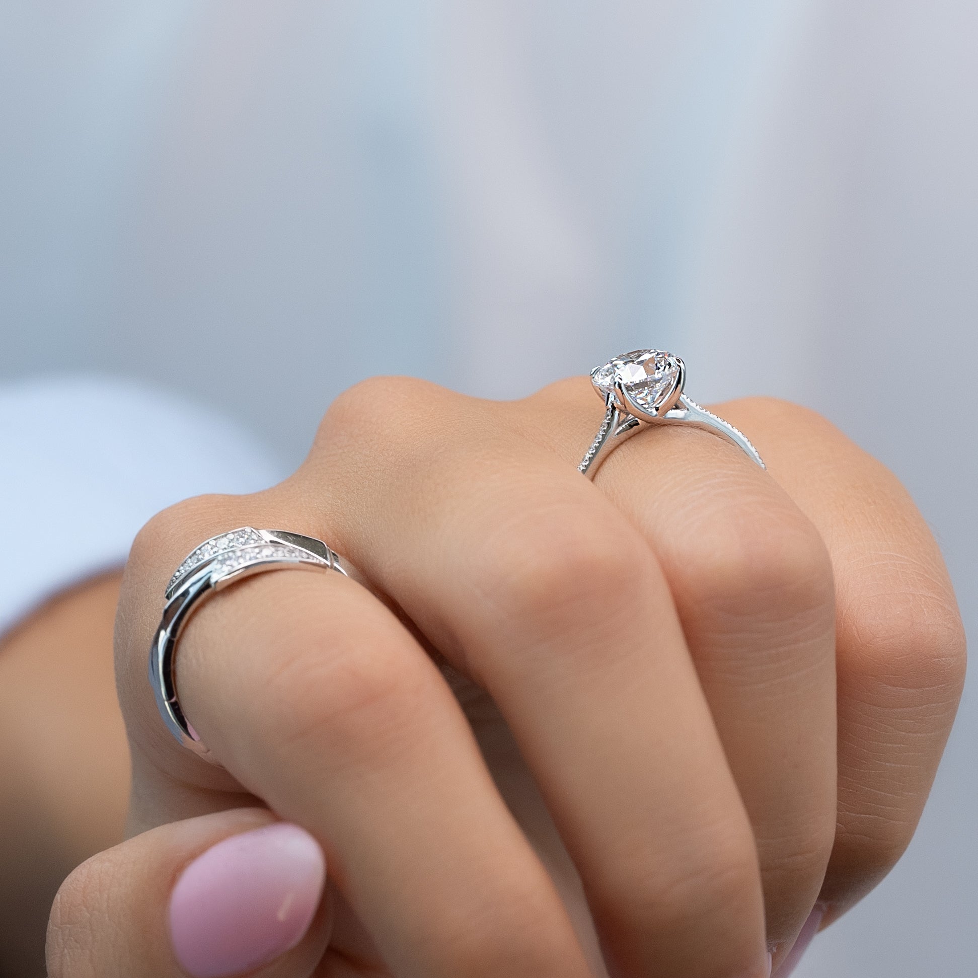 Round cut CVD diamond engagement ring with pave diamond band in white gold