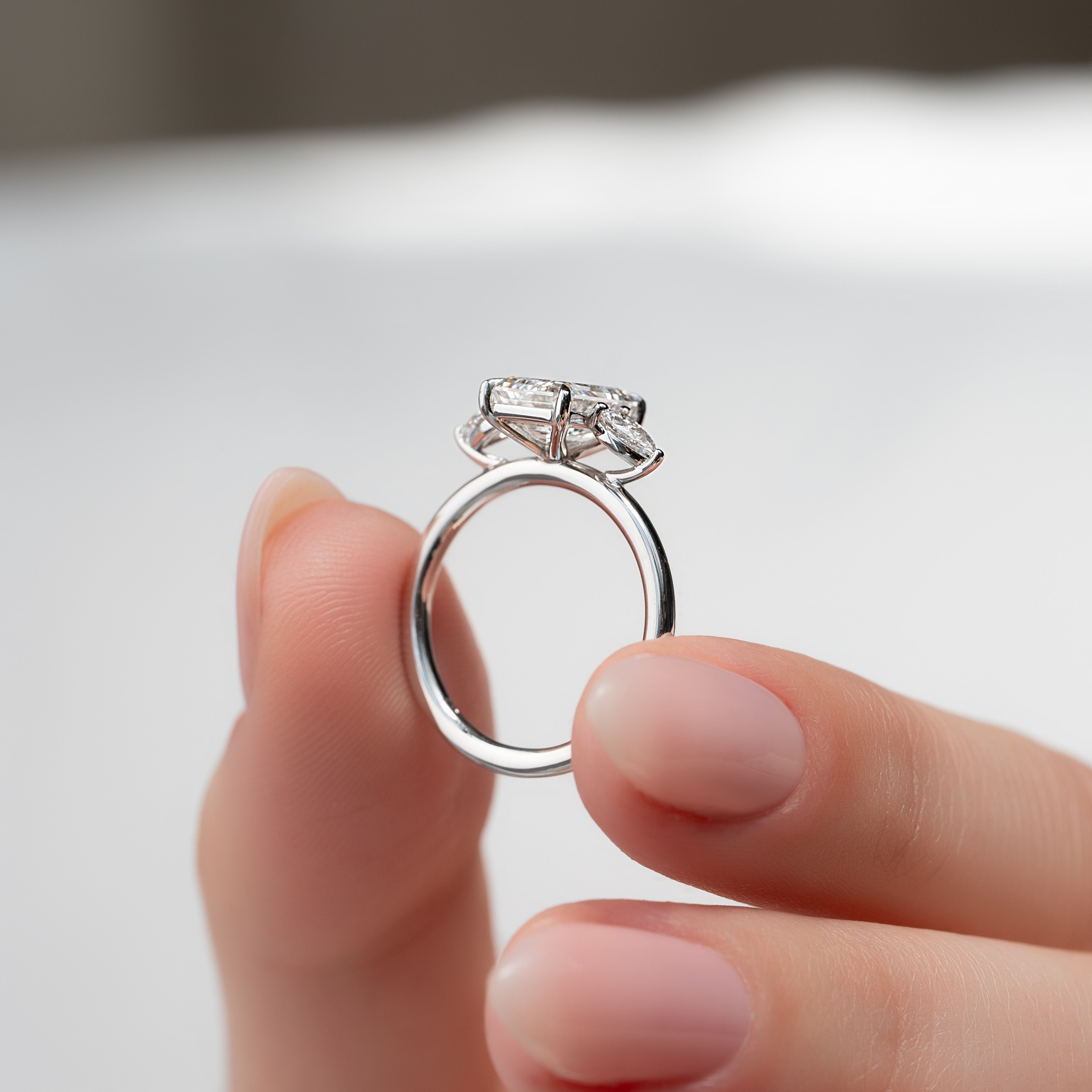 2.0- 4.0 CT Emerald Cut Lab Grown Diamond Three Stone Style Engagement Ring