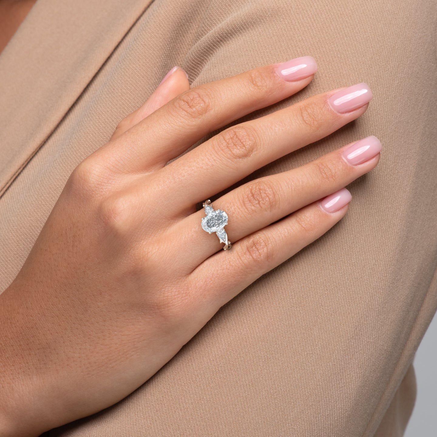2.0- 4.0 CT Oval Cut CVD Diamond Unique Three Stone Style Engagement Ring