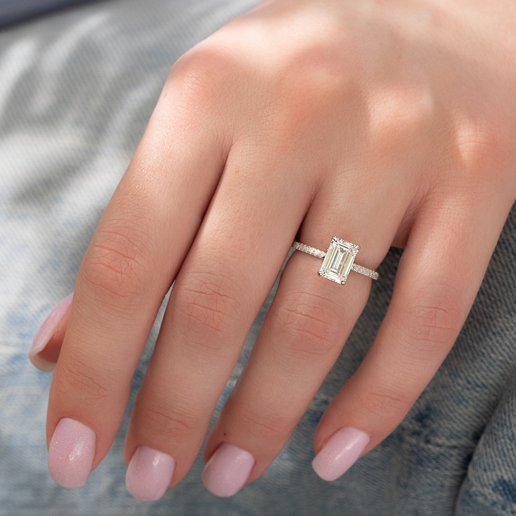 1.0 - 3.0 CT Emerald Cut Lab Grown Diamond Hidden Halo & Pave Engagement Ring