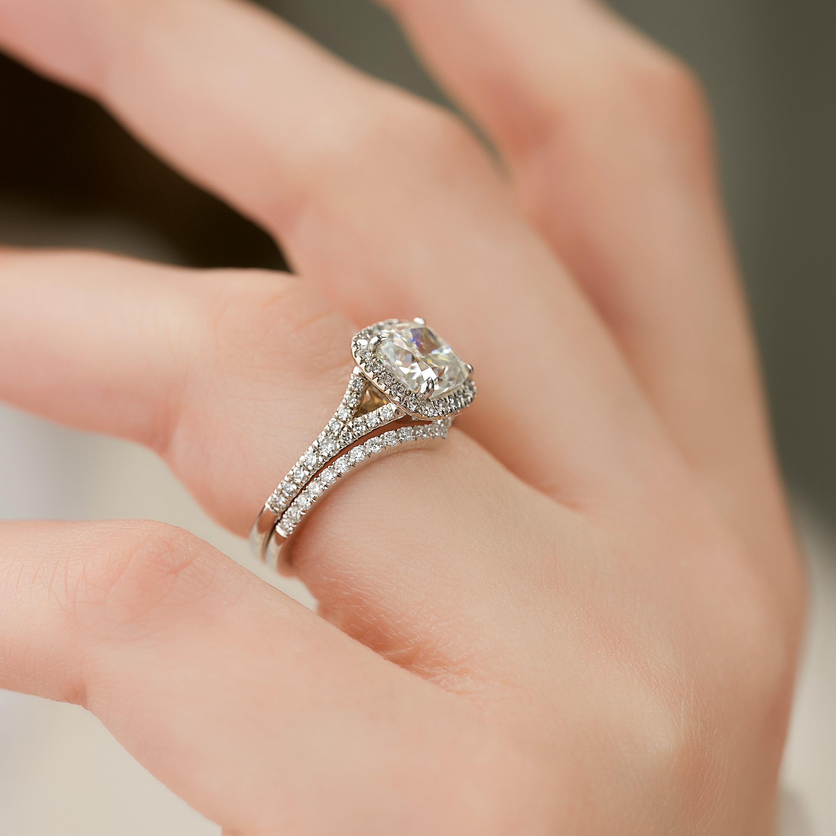 2.0 - 4.0 CT Cushion Cut Lab Grown Diamond Halo & Split Shank Engagement Ring