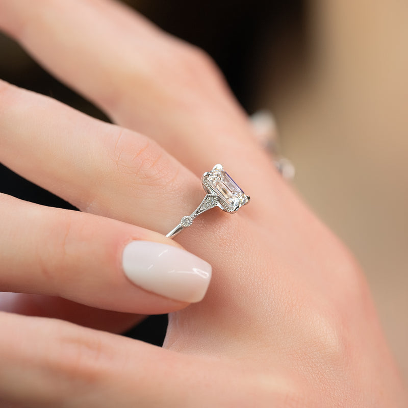 Emerald cut CVD diamond unique style engagement ring in white gold setting