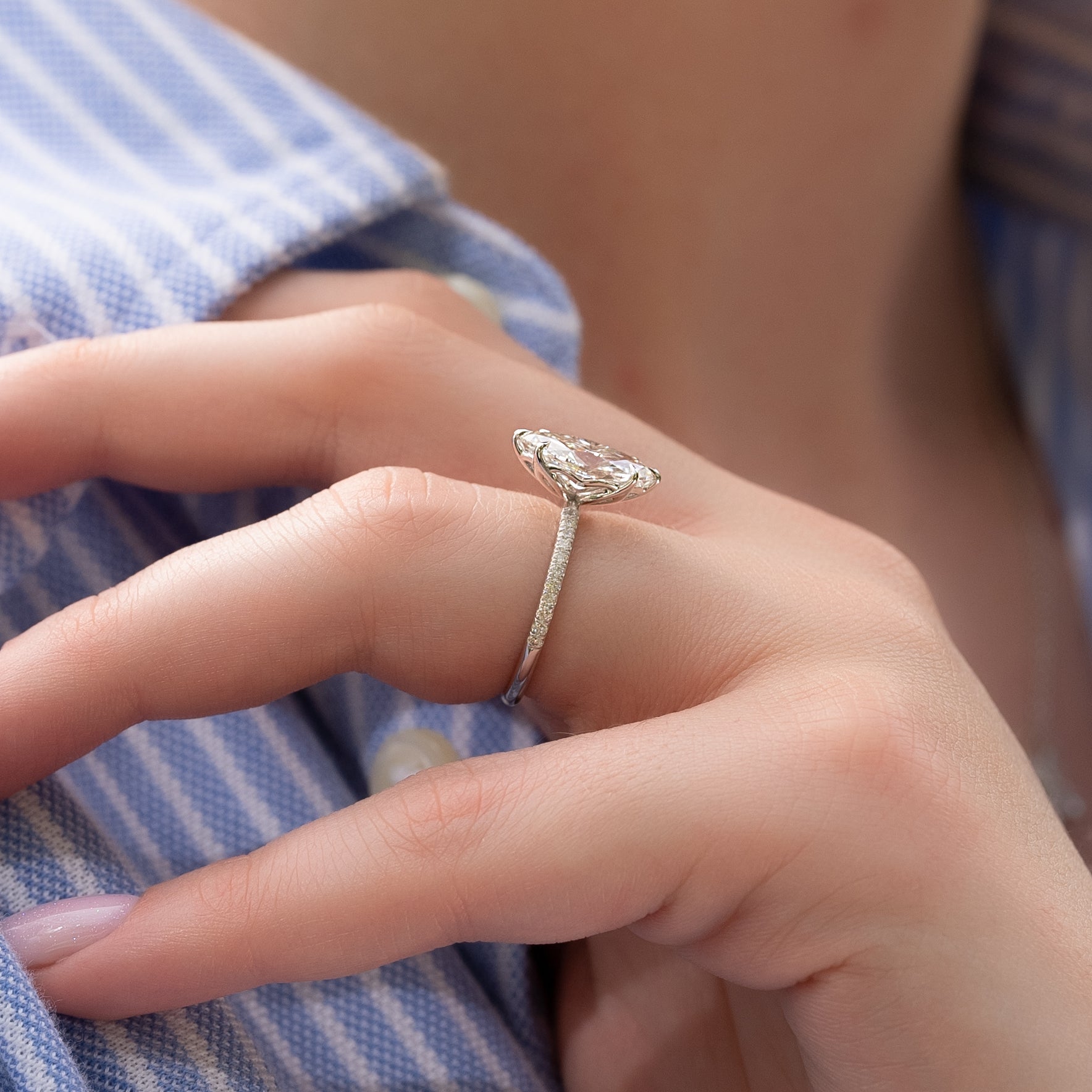 Marquise cut CVD diamond slim engagement ring with pave band in white gold