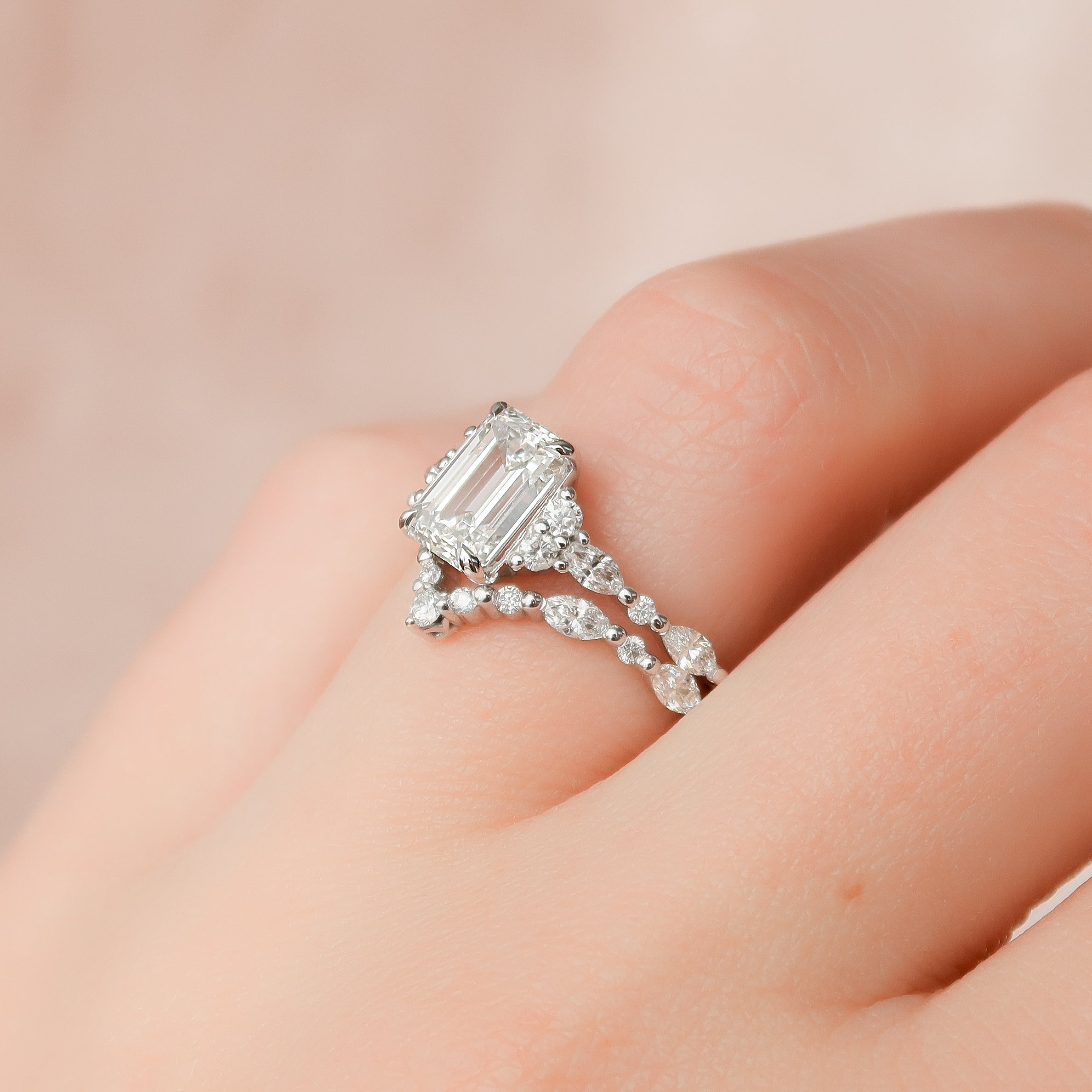 1.0 - 3.0 CT Emerald Cut  Lab Grown Diamond Cluster Engagement Ring