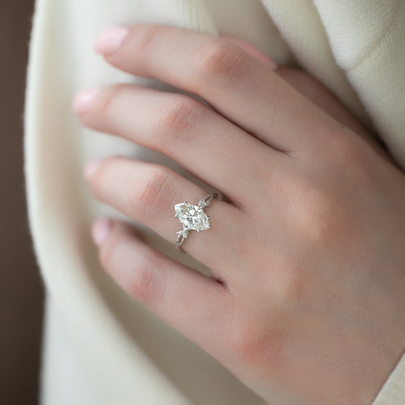 Marquise cut CVD diamond twig style engagement ring with textured branch band
