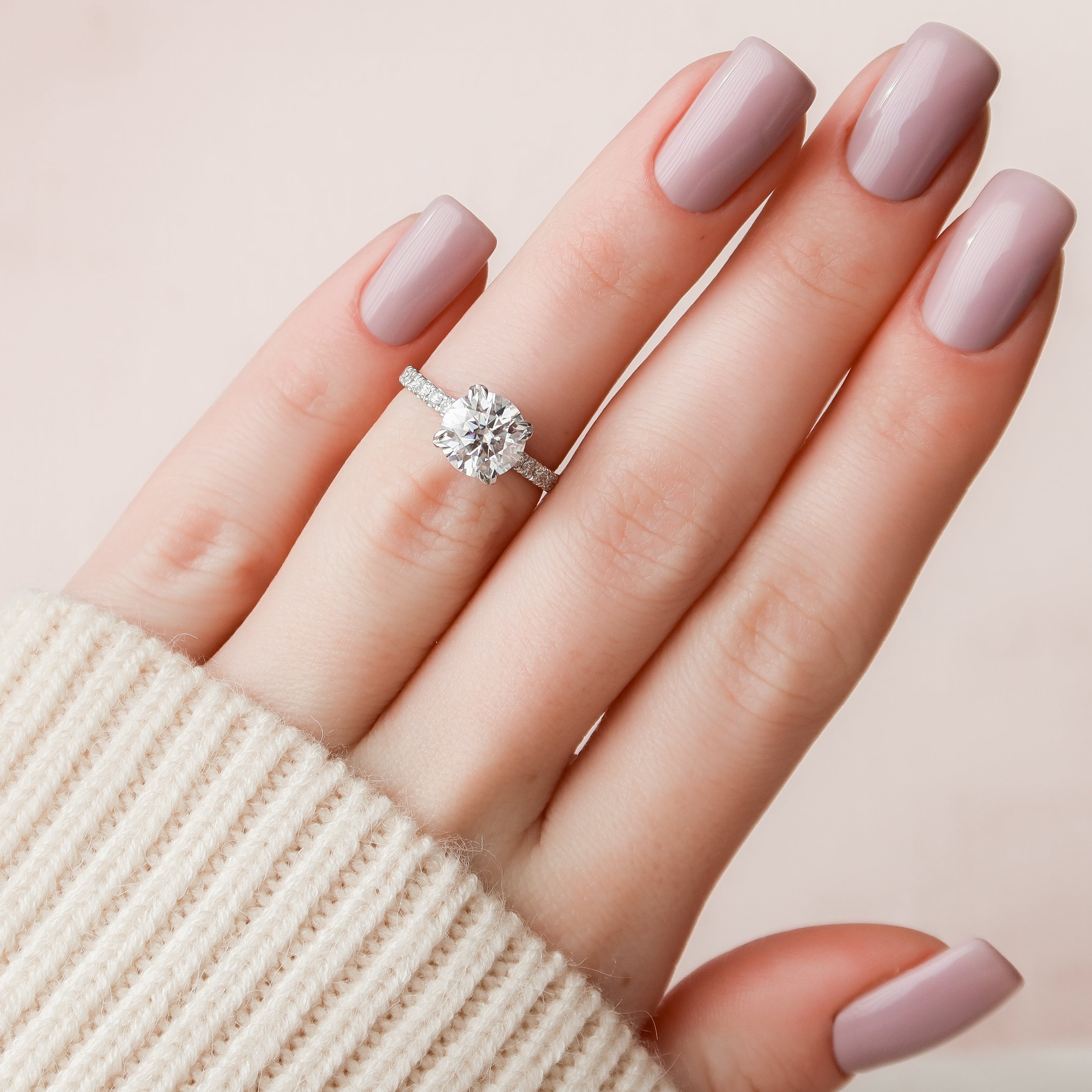 Round cut CVD diamond hidden halo engagement ring with pave band in white gold